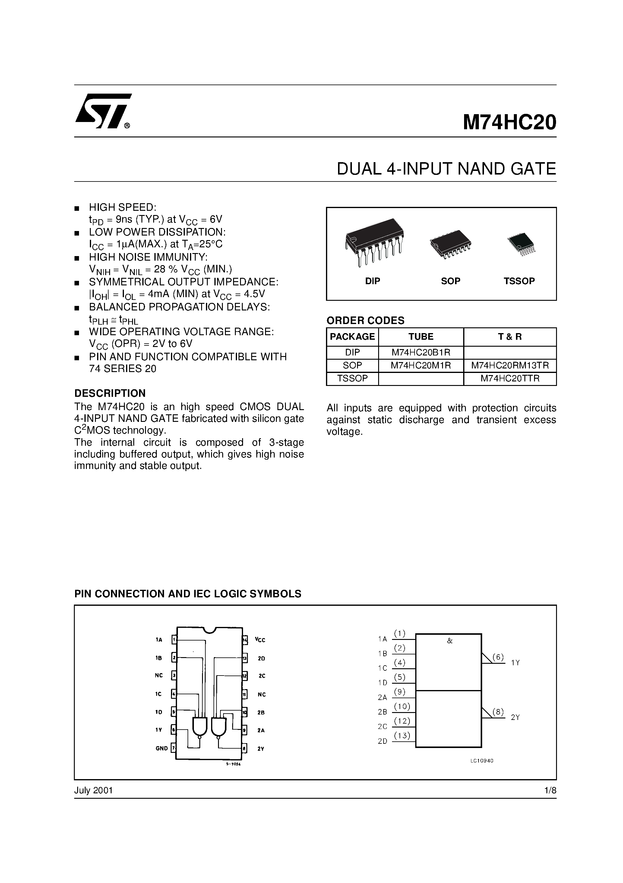 Даташит M74HC20 - DUAL 4-INPUT NAND GATE страница 1