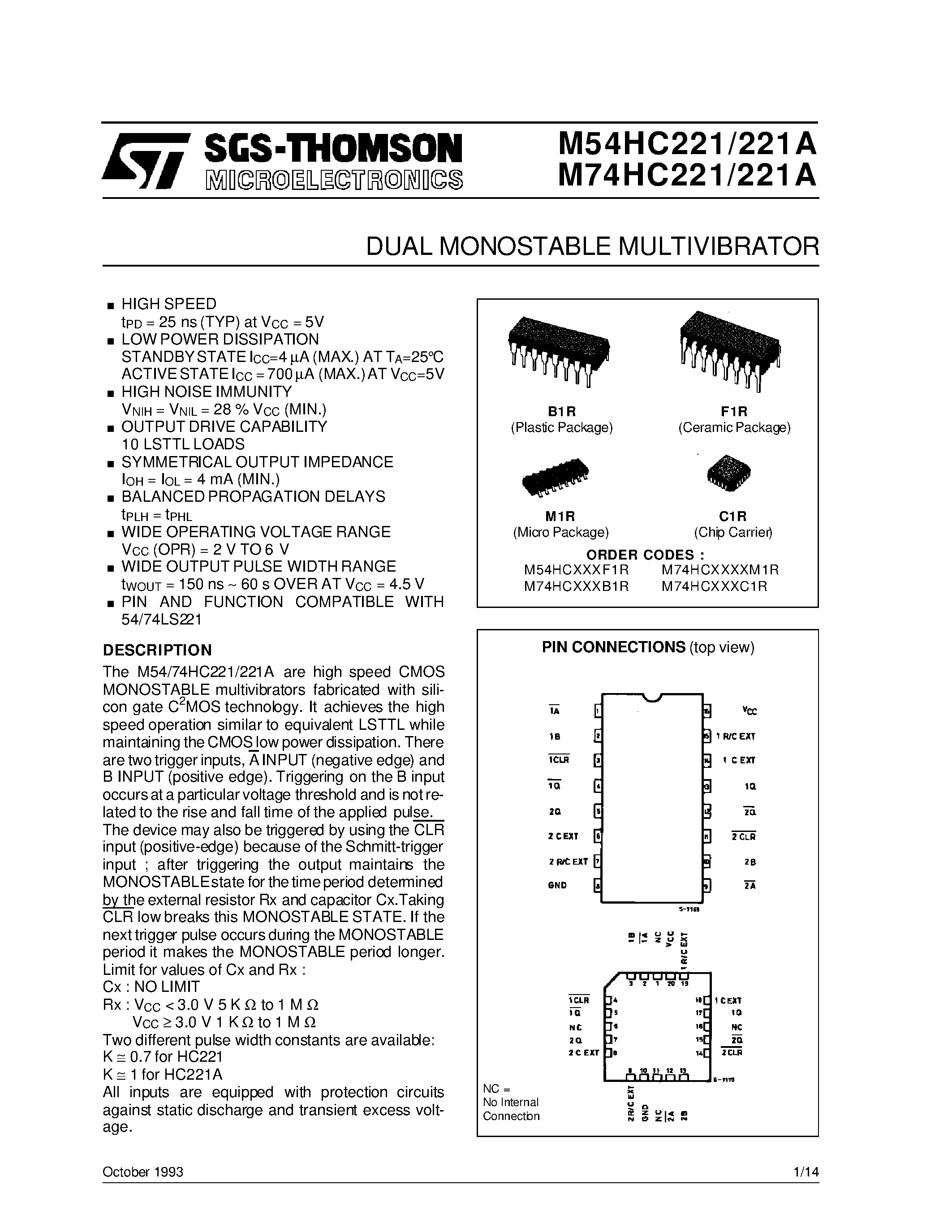 Даташит M74HC221 - DUAL MONOSTABLE MULTIVIBRATOR страница 1