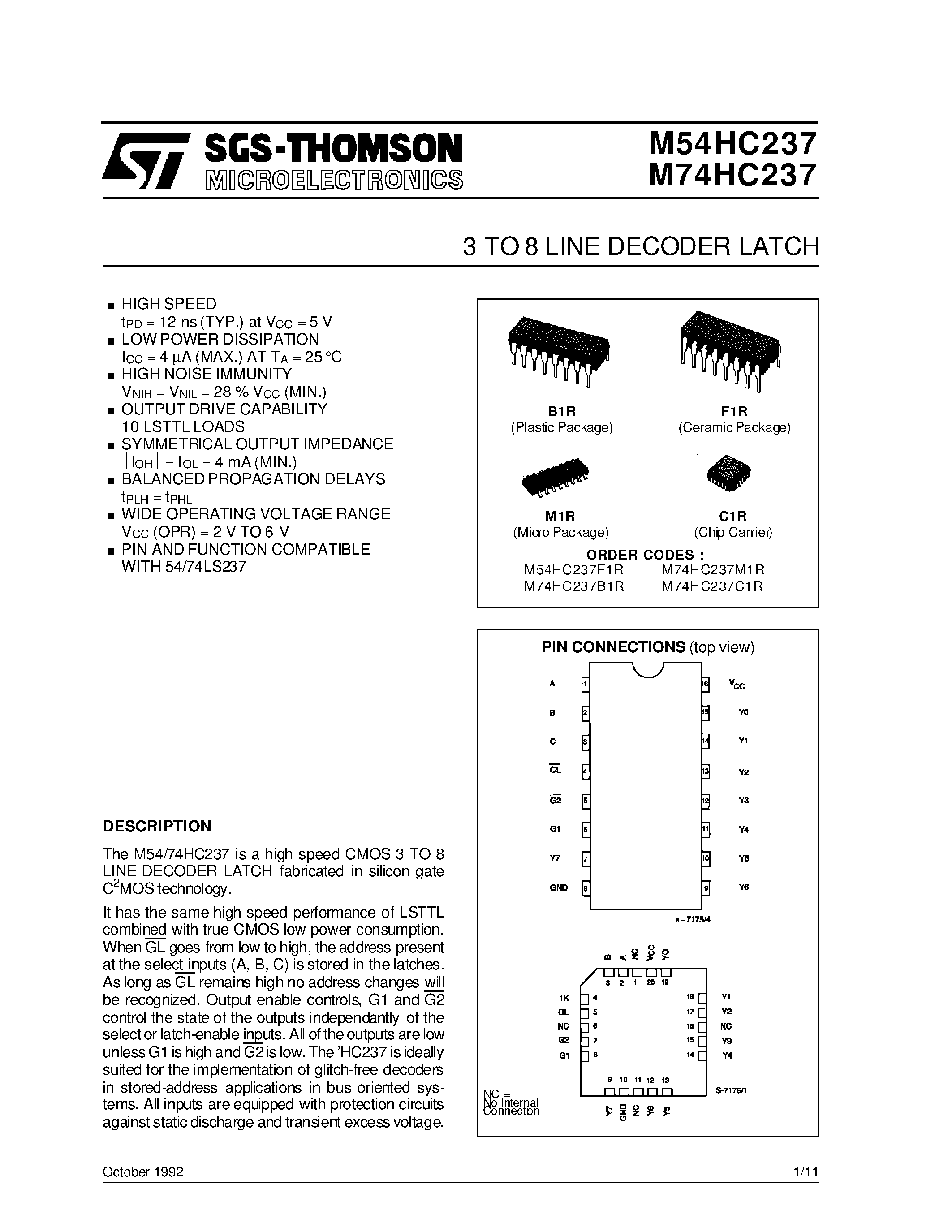 Даташит M74HC237 - 3 TO 8 LINE DECODER LATCH страница 1