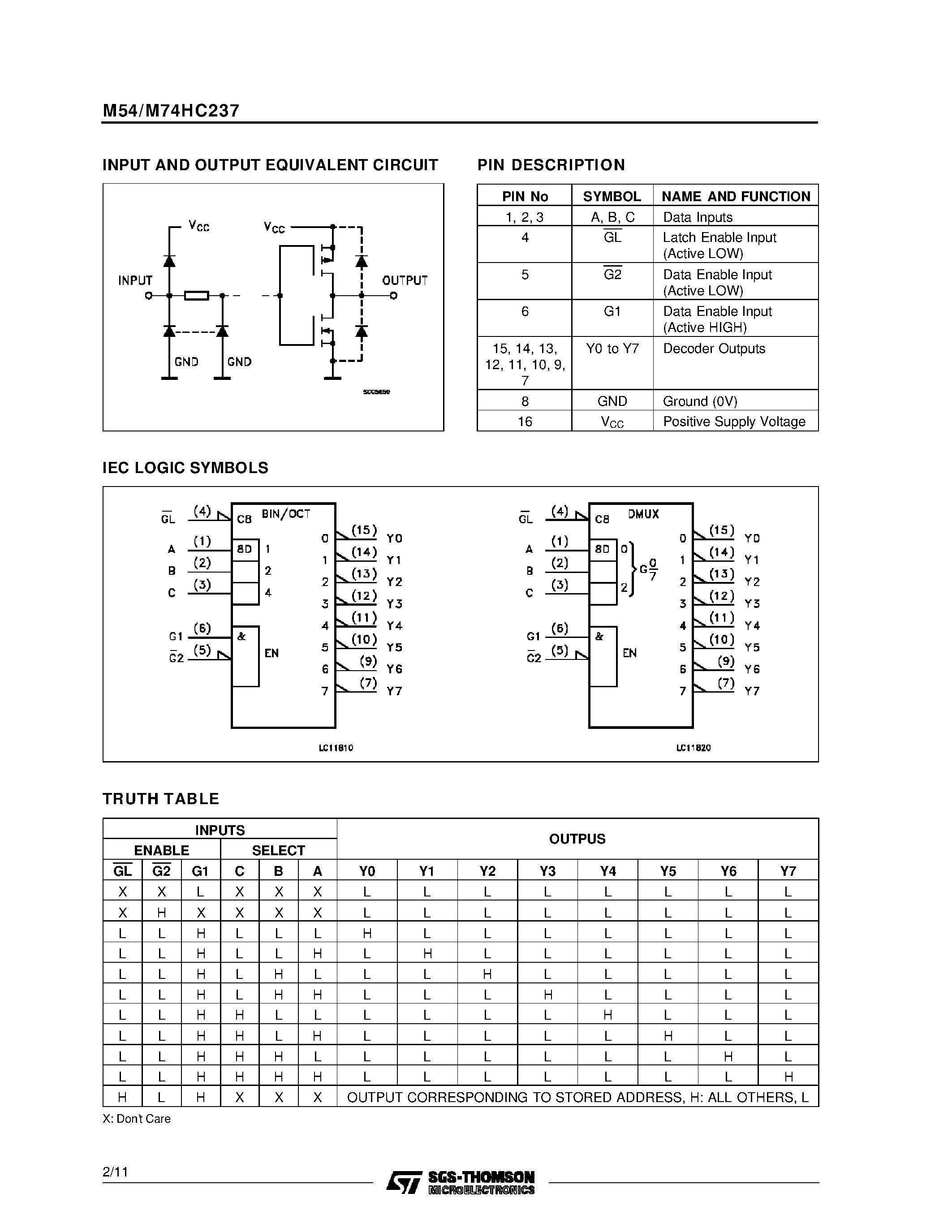 Даташит M74HC237 - 3 TO 8 LINE DECODER LATCH страница 2