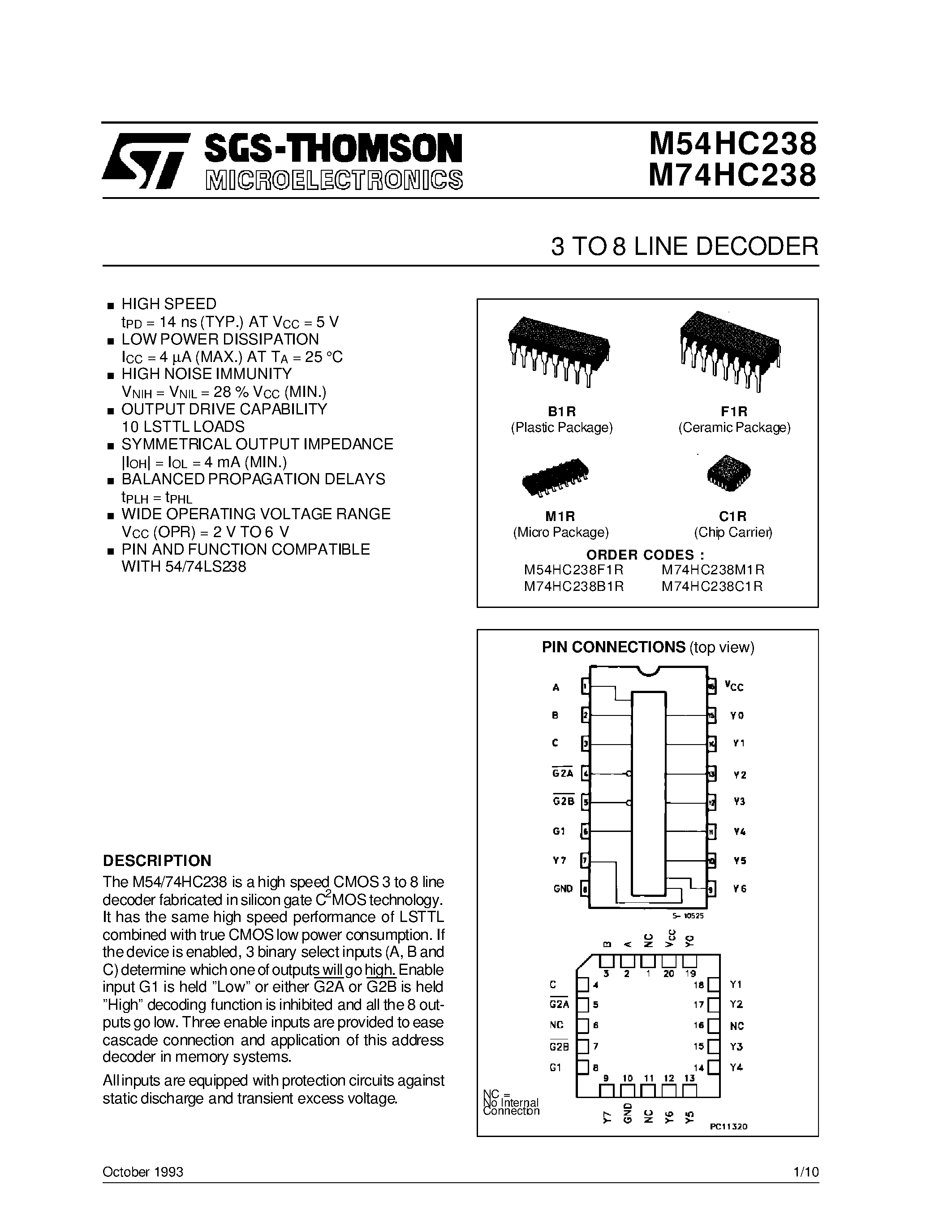 Даташит M74HC238 - 3 TO 8 LINE DECODER страница 1