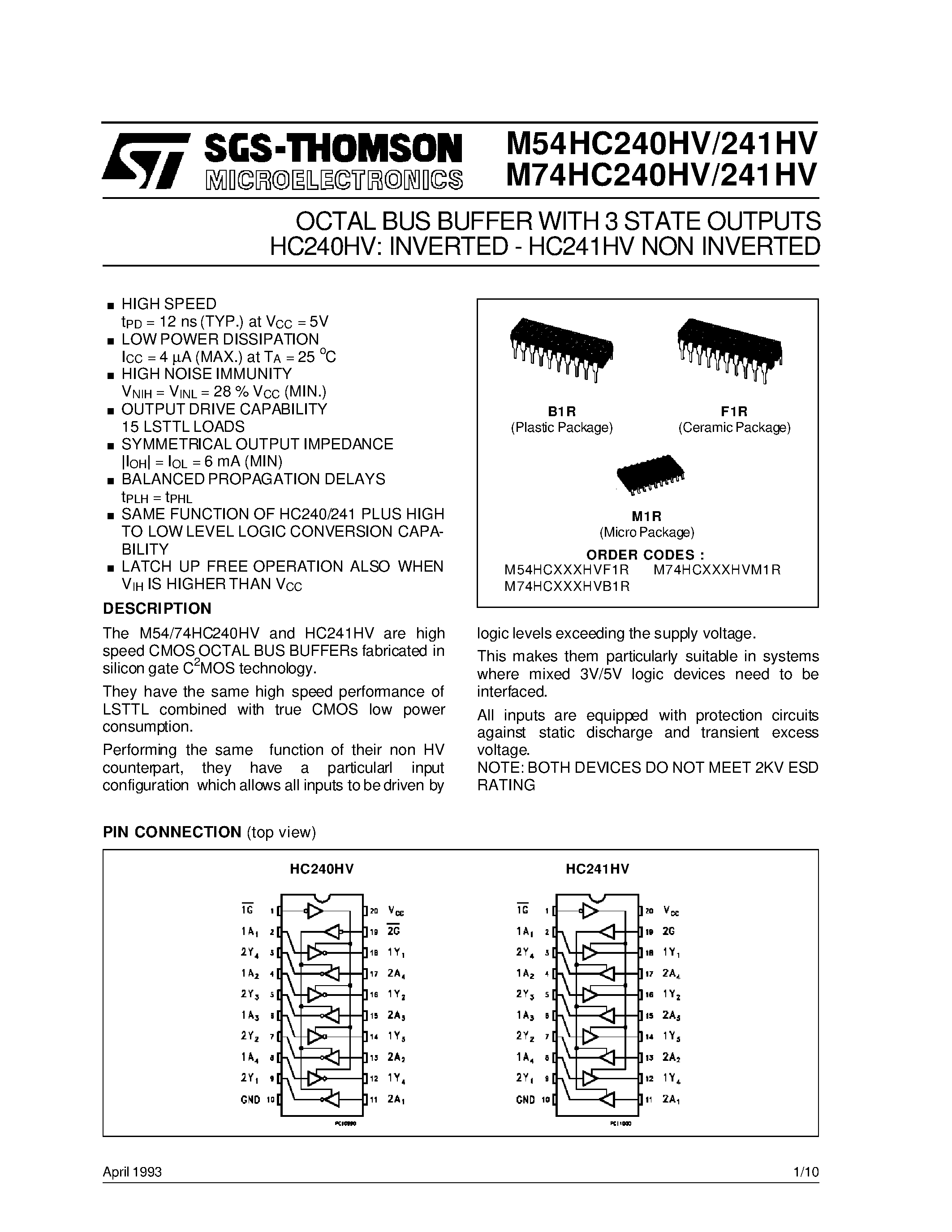 Даташит M74HC240HV - OCTAL BUS BUFFER WITH 3 STATE OUTPUTS HC240HV: INVERTED - HC241HV NON INVERTED страница 1