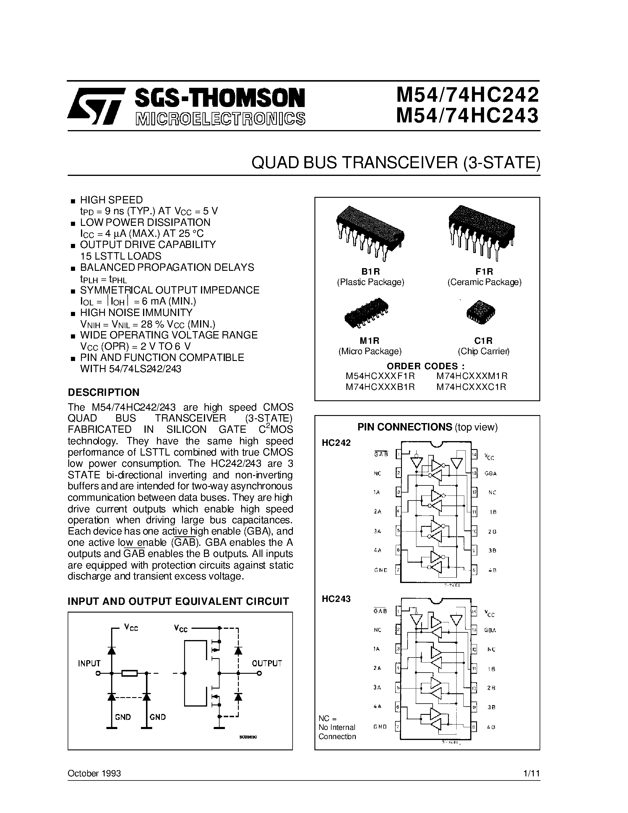 Даташит M74HC242 - QUAD BUS TRANSCEIVER 3-STATE страница 1