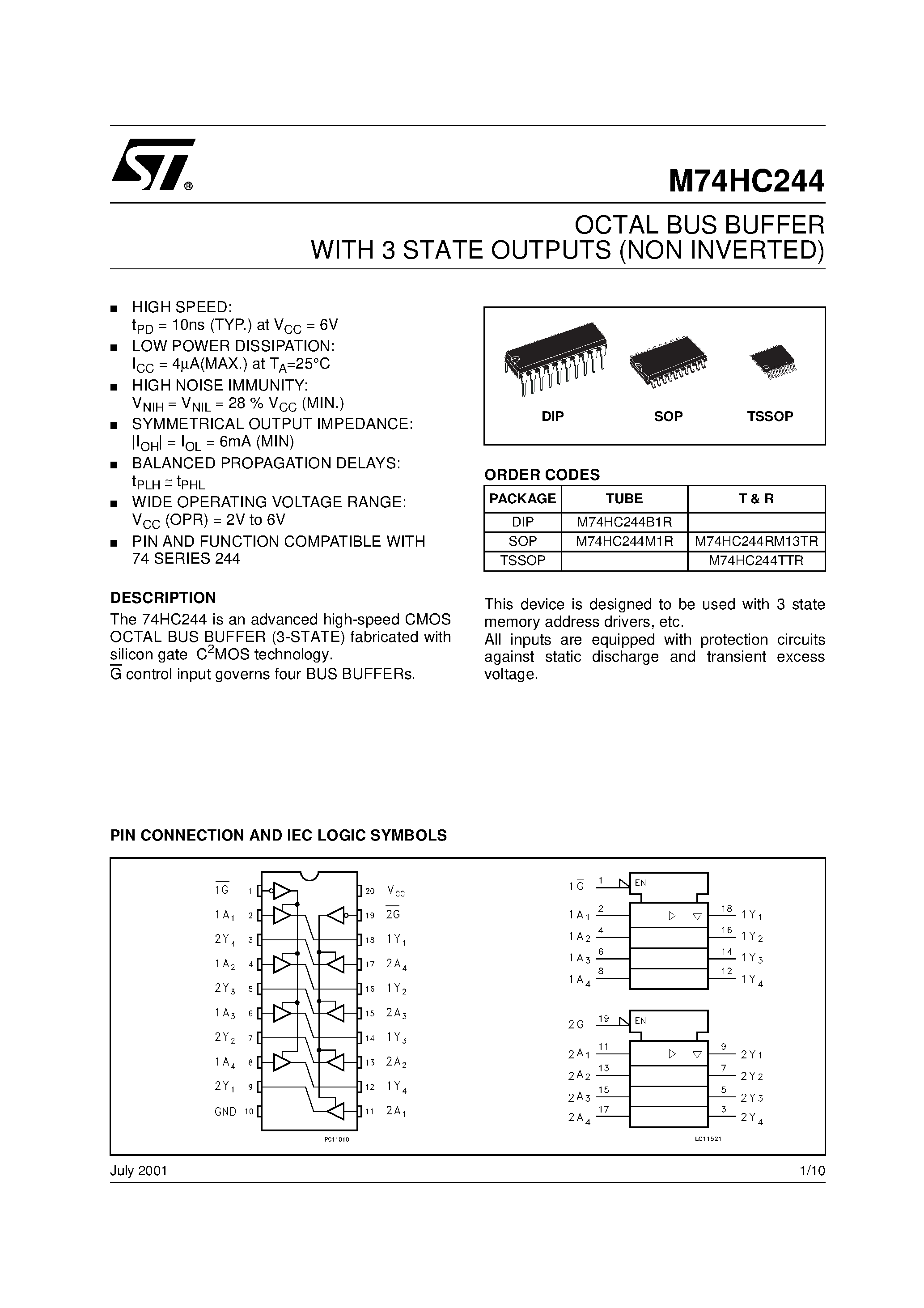 Даташит M74HC244RM13TR - OCTAL BUS BUFFER WITH 3 STATE OUTPUTS (NON INVERTED) страница 1