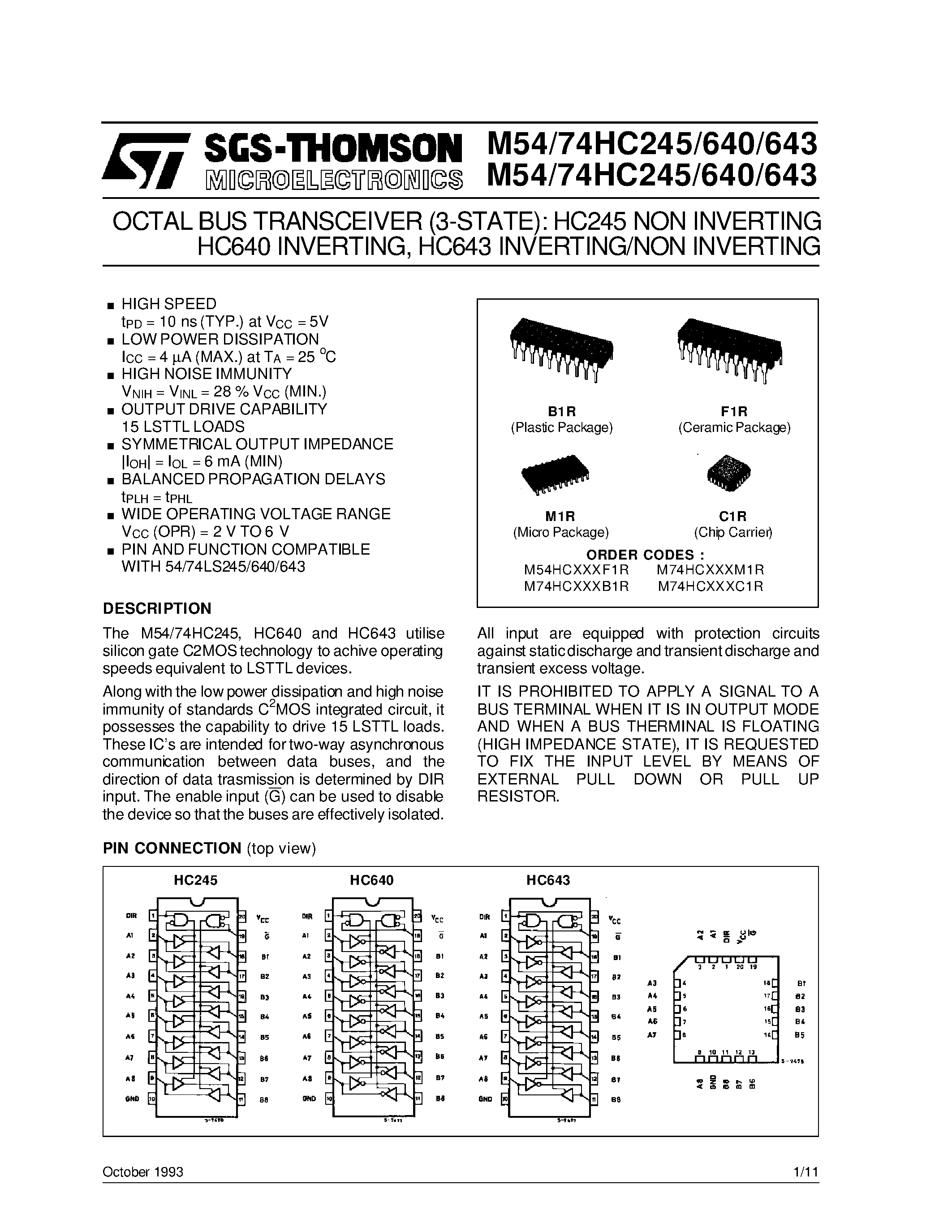 Даташит M74HC245B1R - OCTAL BUS TRANSCEIVER WITH 3 STATE OUTPUTS (NON INVERTED) страница 1