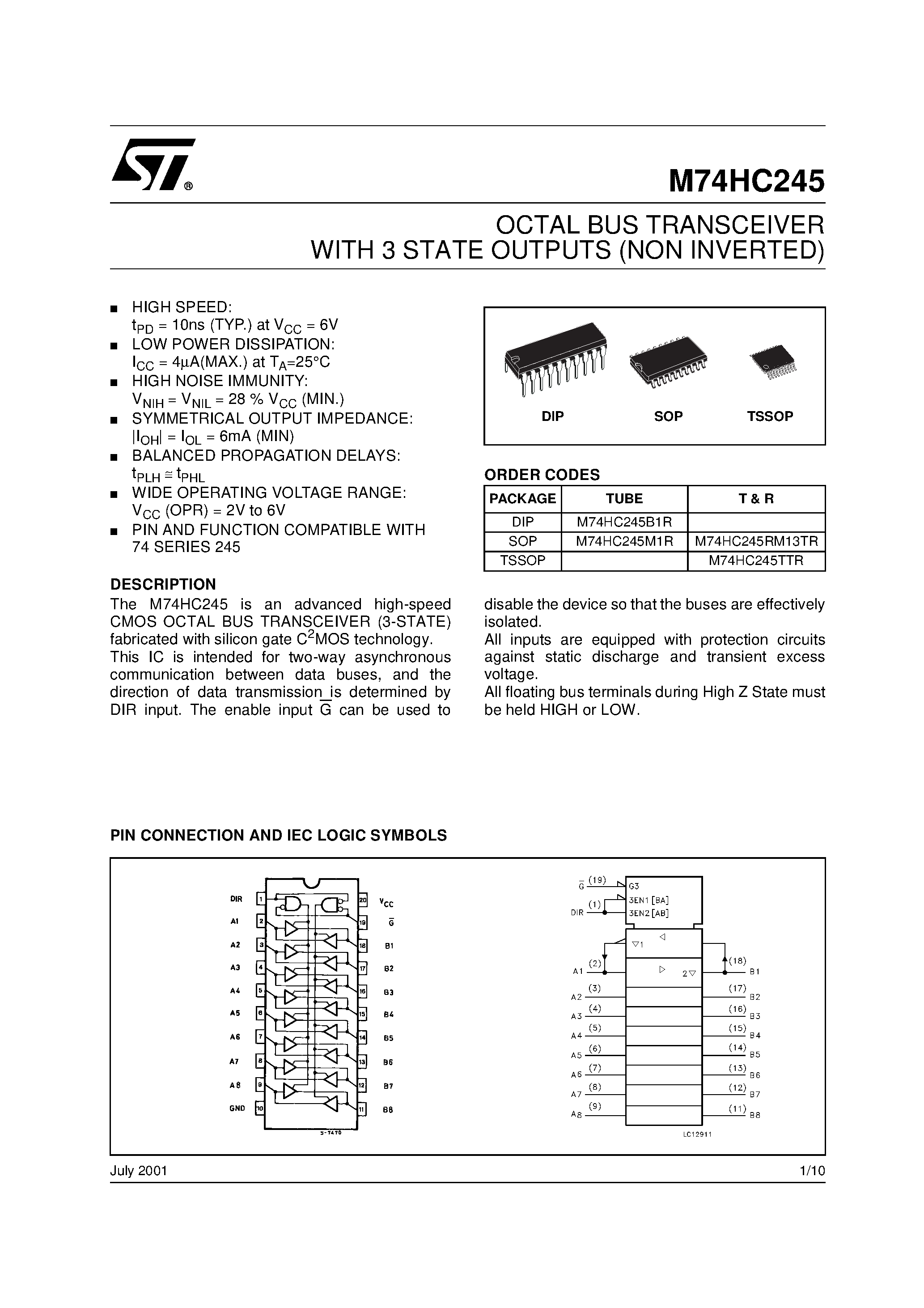 Даташит M74HC245RM13TR - OCTAL BUS TRANSCEIVER WITH 3 STATE OUTPUTS (NON INVERTED) страница 1