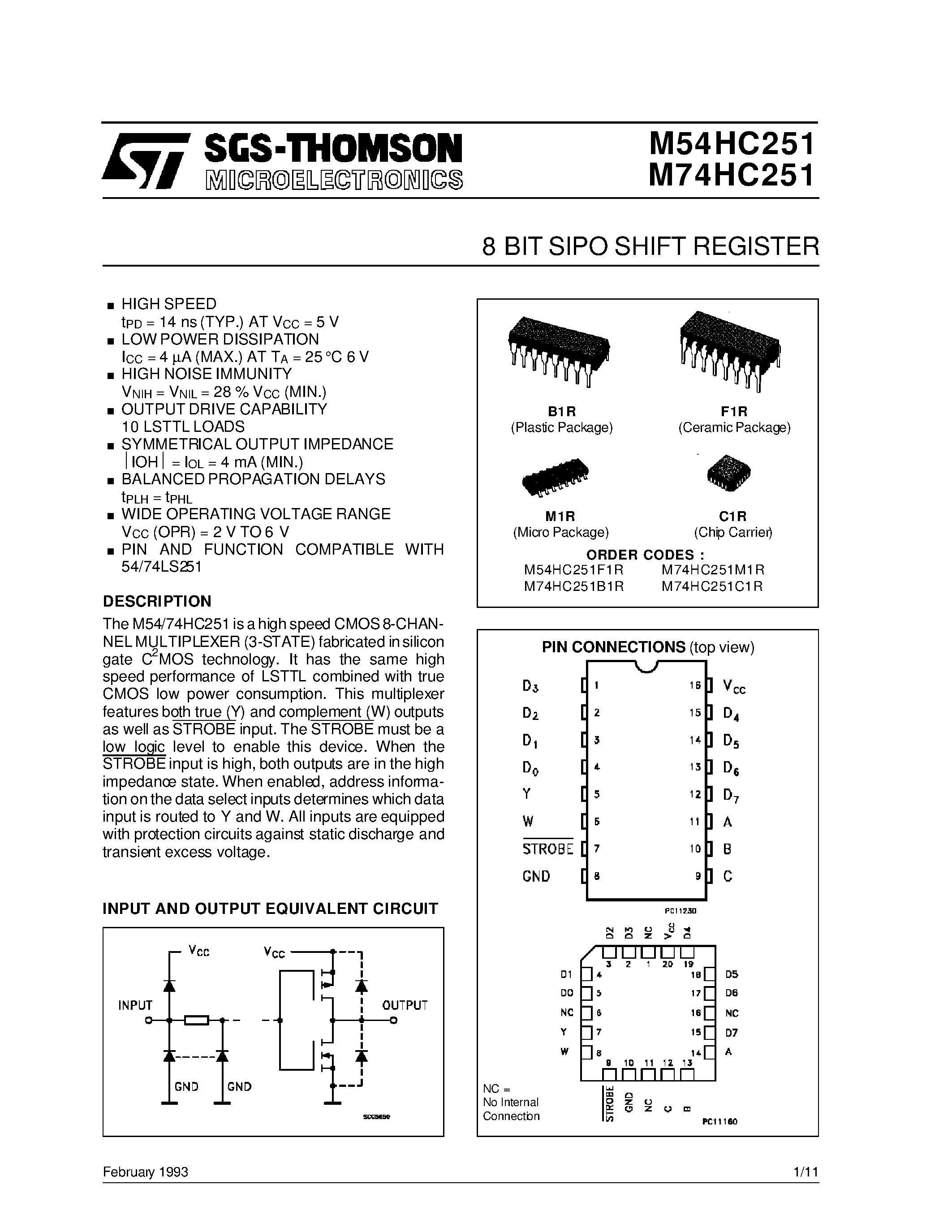 Даташит M74HC251 - 8 BIT SIPO SHIFT REGISTER страница 1