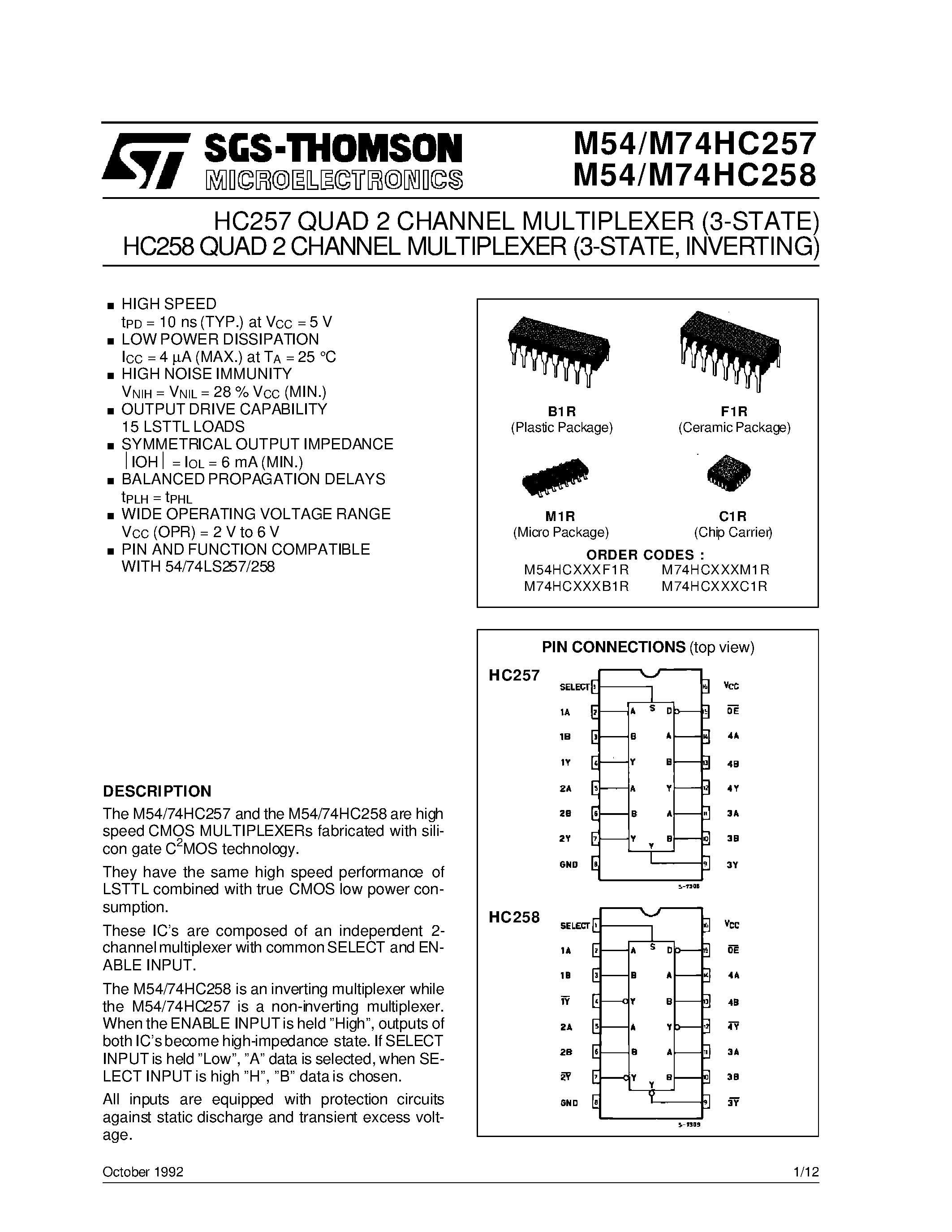 Даташит M74HC257 - HC258QUAD 2CHANNEL MULTIPLEXER 3-STATE / INVERTING HC257 QUAD 2 CHANNEL MULTIPLEXER 3-STATE страница 1