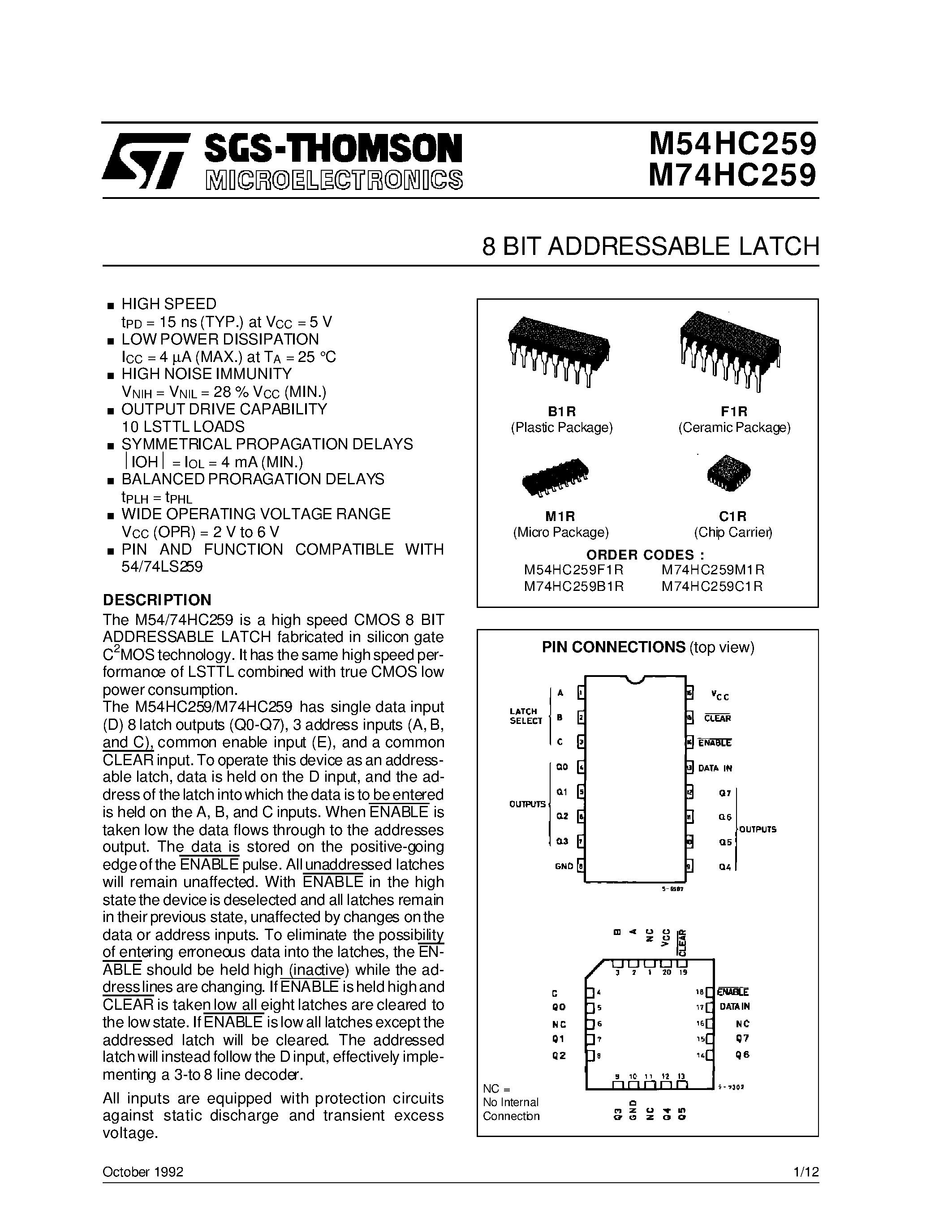 Даташит M74HC259 - 8 BIT ADDRESSABLE LATCH страница 1