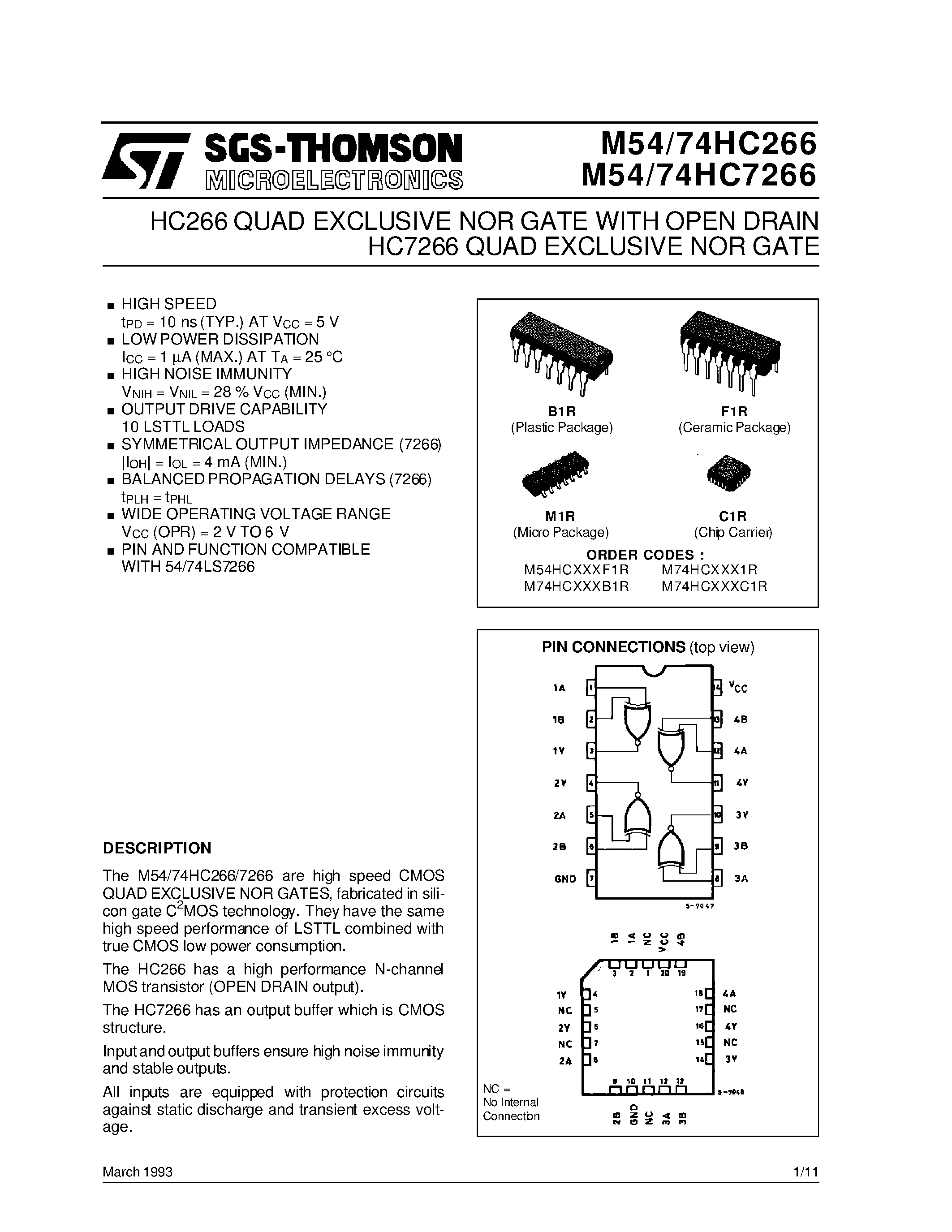 Даташит M74HC266 - HC266 QUAD EXCLUSIVE NOR GATE WITH OPEN DRAIN HC7266 QUAD EXCLUSIVE NOR GATE страница 1