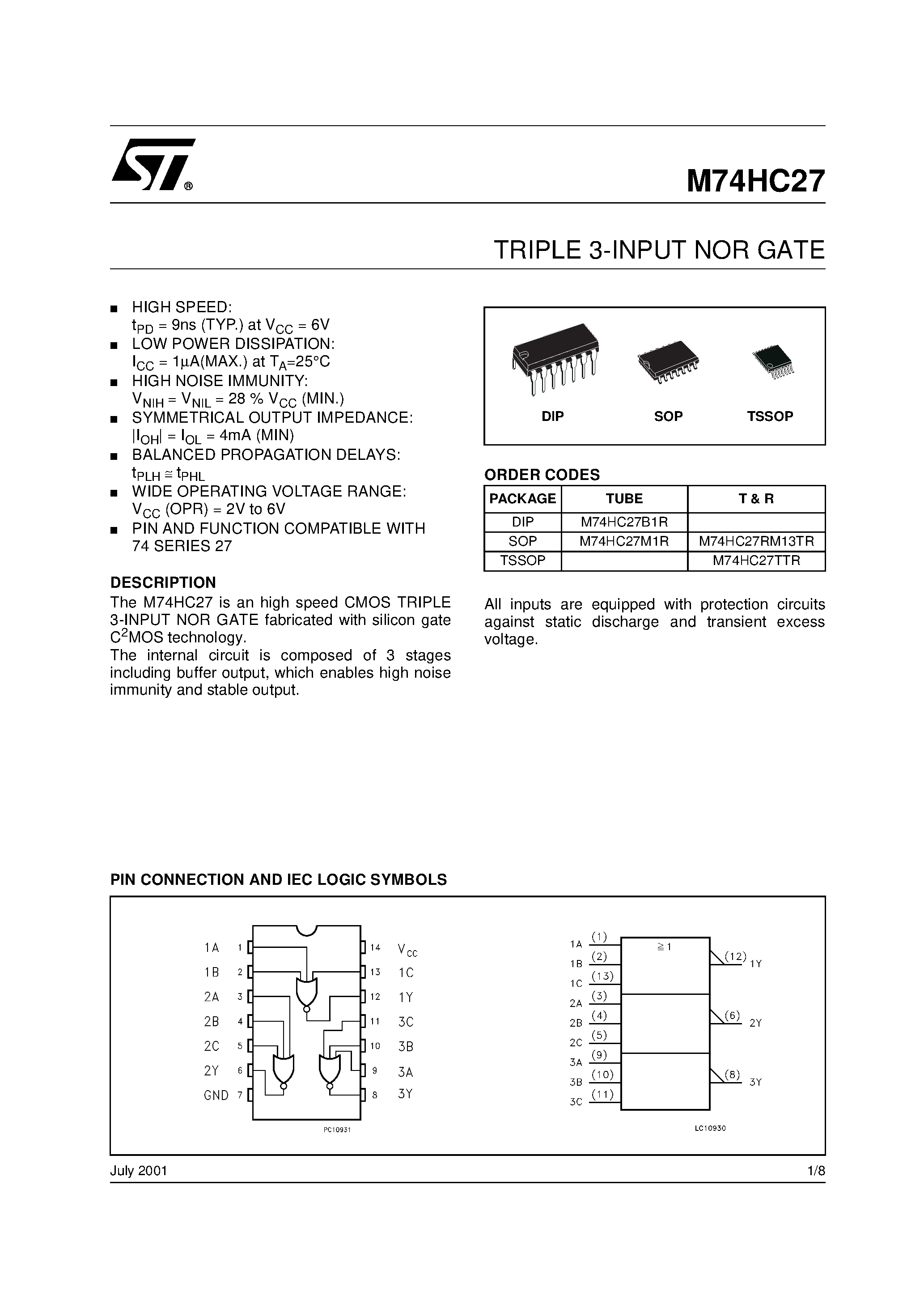 Даташит M74HC27 - TRIPLE 3-INPUT NOR GATE страница 1