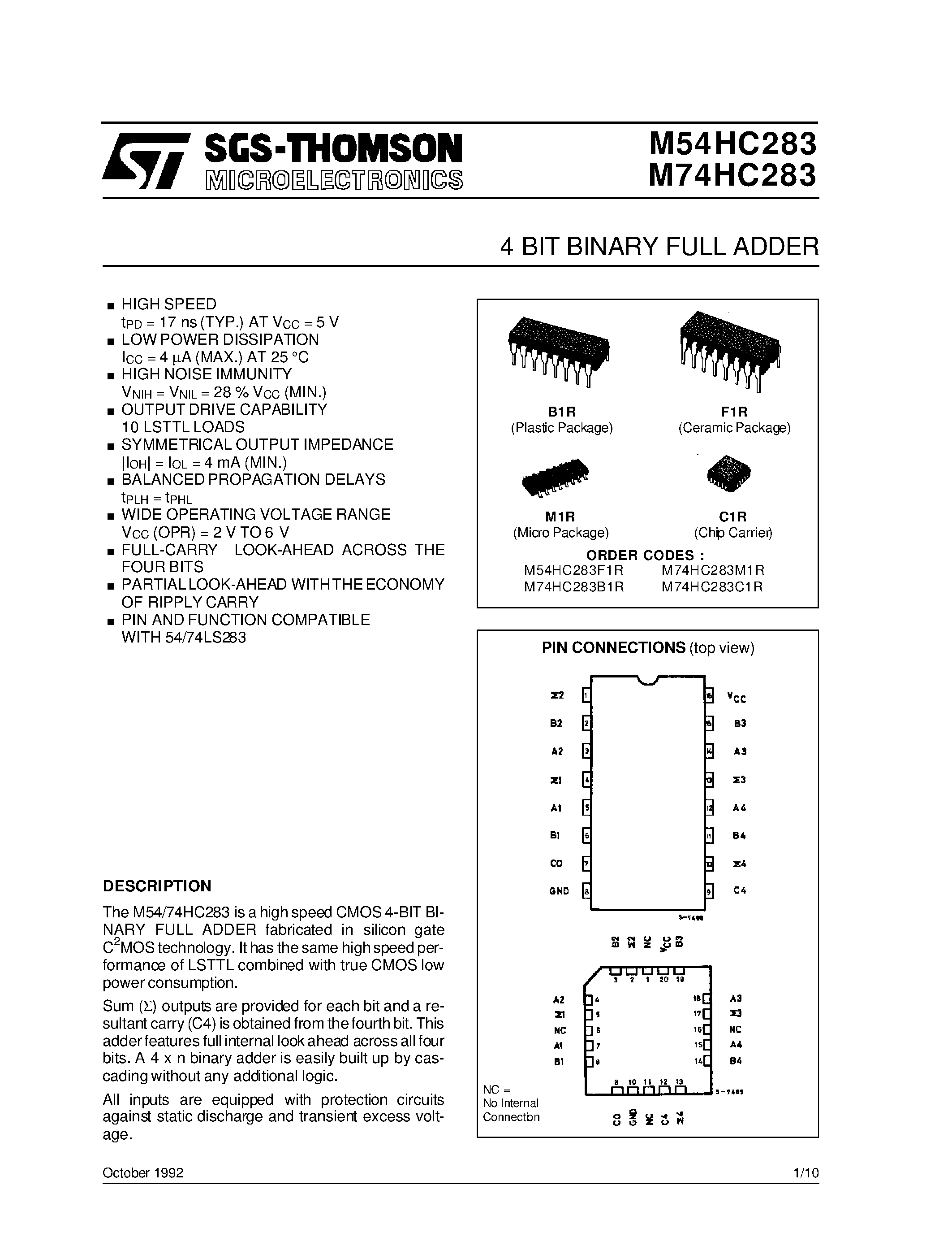 Даташит M74HC283 - 4 BIT BINARY FULL ADDER страница 1