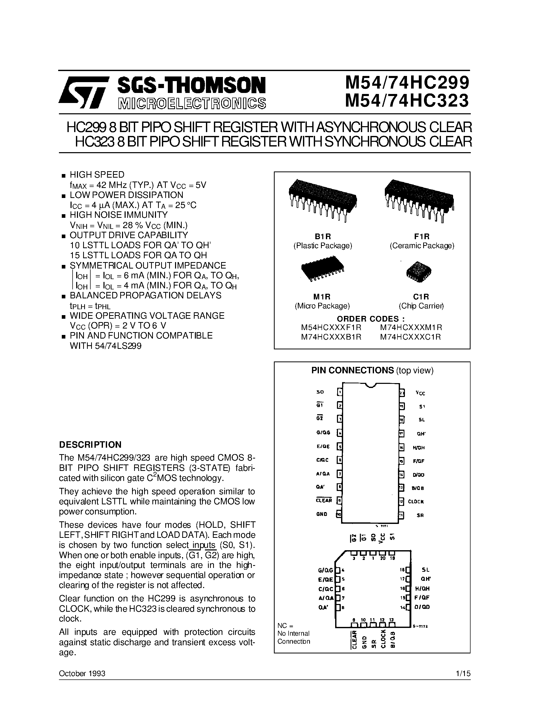 Даташит M74HC299 - HC323 8BITPIPOSHIFTREGISTERWITHSYNCHRONOUS CLEAR HC299 8BITPIPOSHIFTREGISTERWITHASYNCHRONOUS CLEAR страница 1