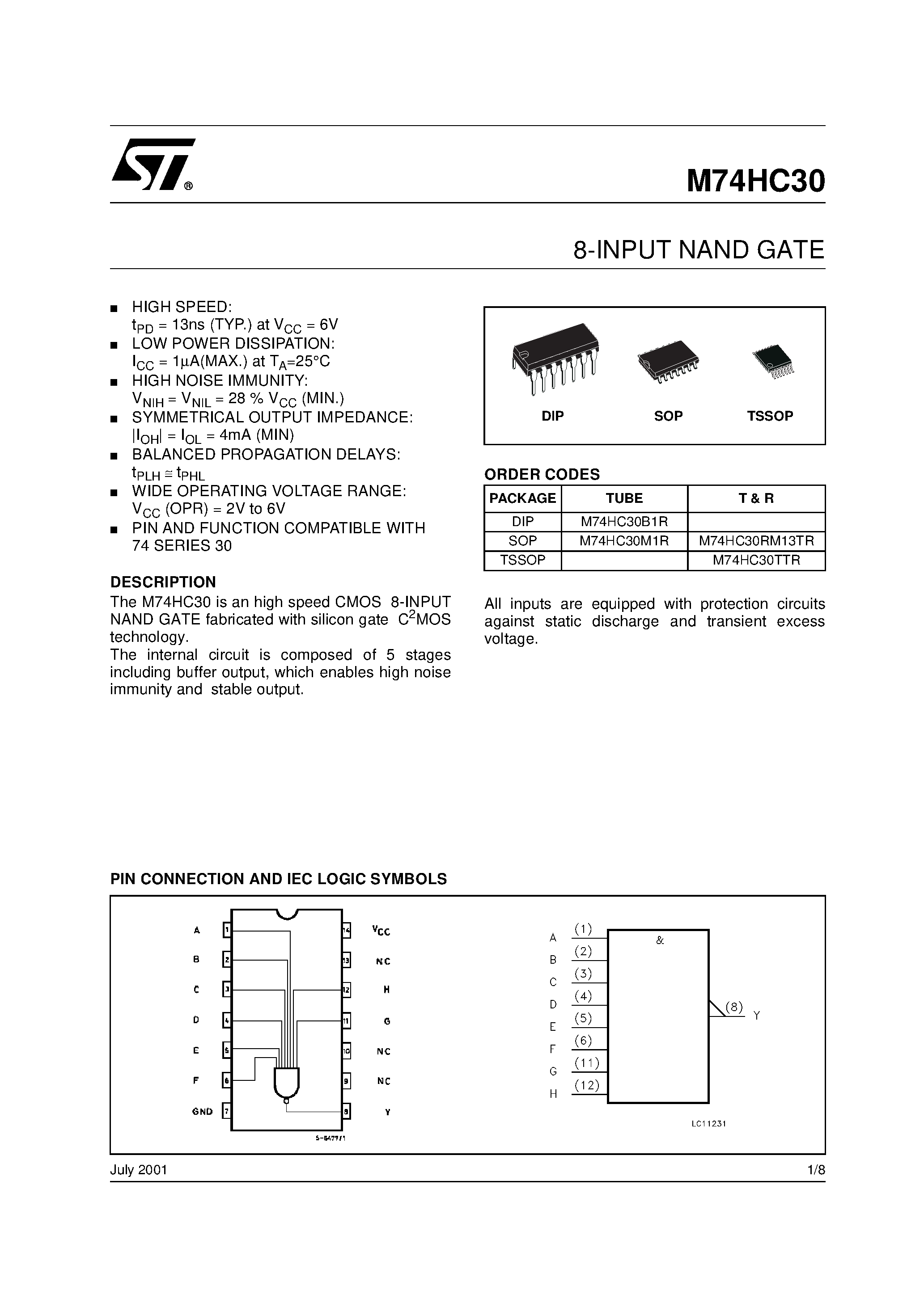 Даташит M74HC30 - 8-INPUT NAND GATE страница 1