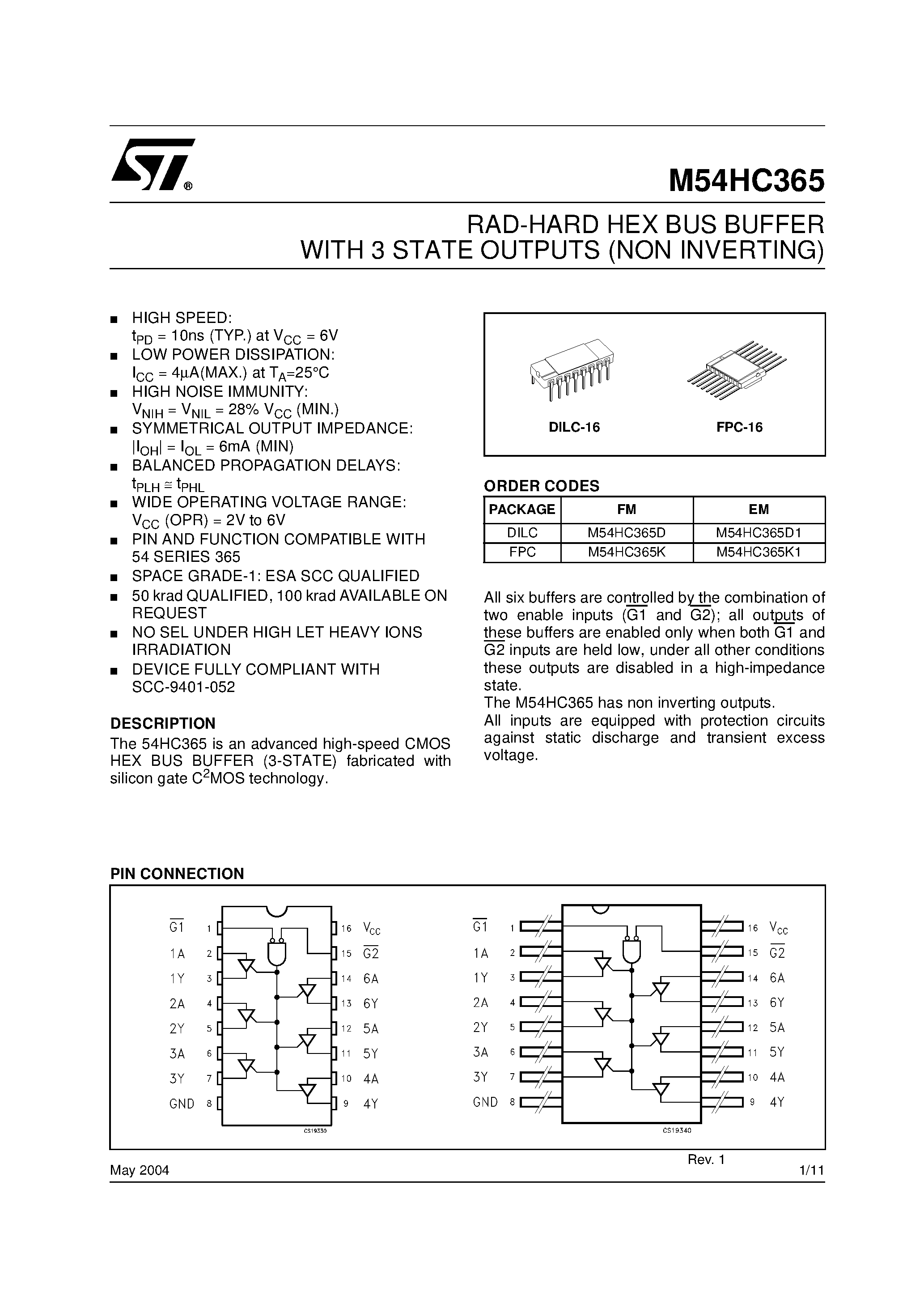 Даташит M74HC365 - HEX BUS BUFFER 3-STATE HC365 NON INVERTING- HC366 INVERTING страница 1