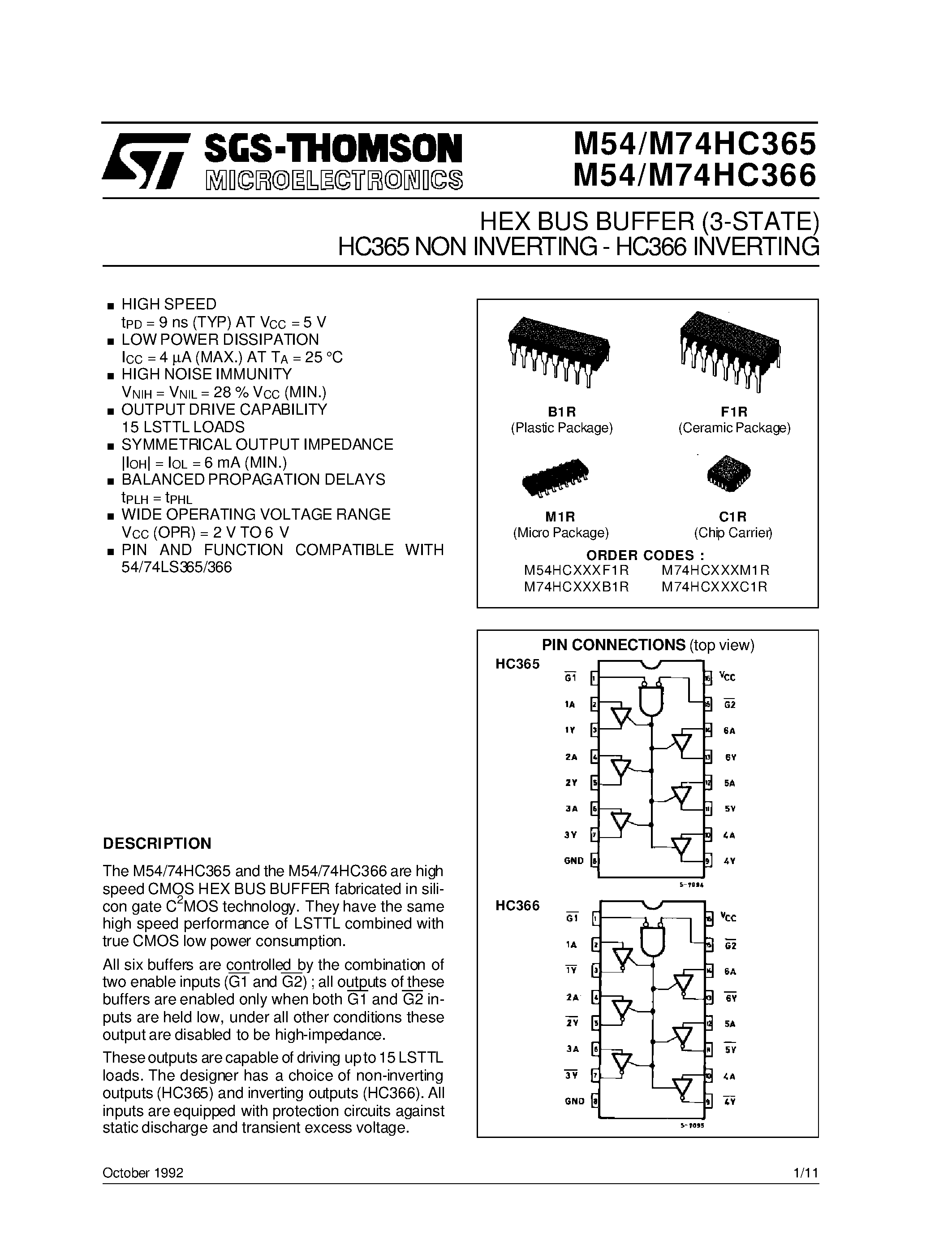 Даташит M74HC366 - HEX BUS BUFFER 3-STATE HC365 NON INVERTING- HC366 INVERTING страница 1