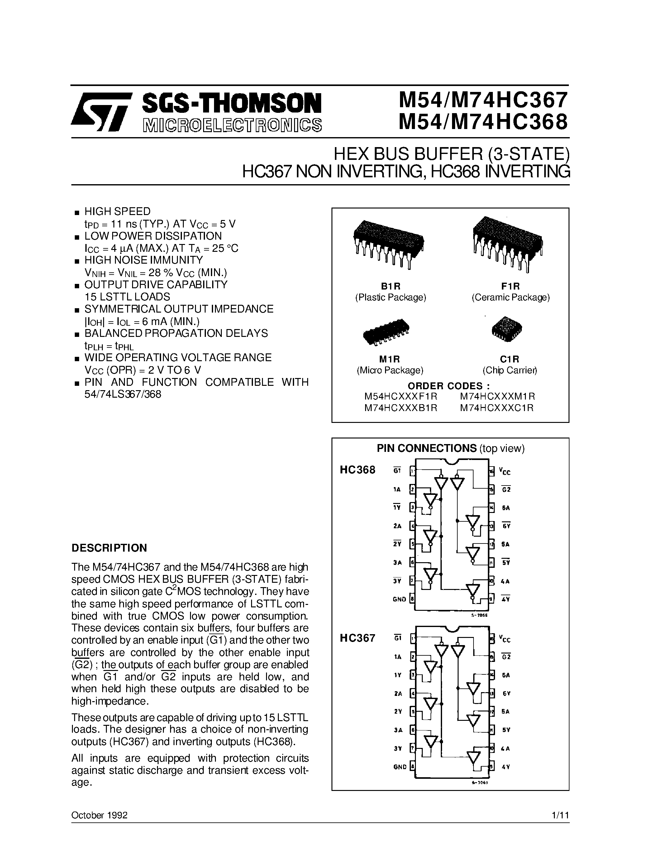 Даташит M74HC368 - HEX BUS BUFFER 3-STATE HC367 NON INVERTING / HC368 INVERTING страница 1