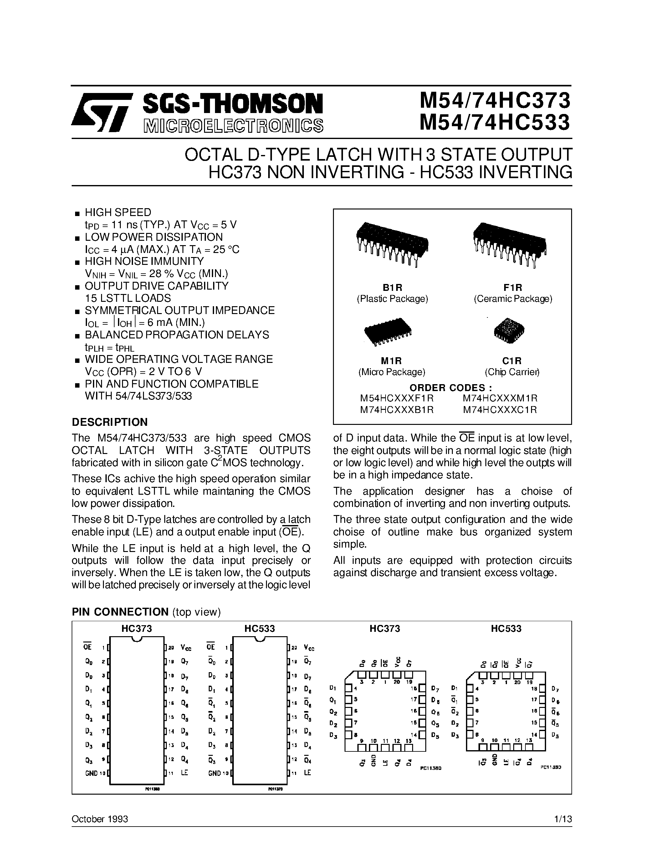 Даташит M74HC373 - OCTAL D-TYPE LATCH WITH 3 STATE OUTPUT HC373 NON INVERTING - HC533 INVERTING страница 1