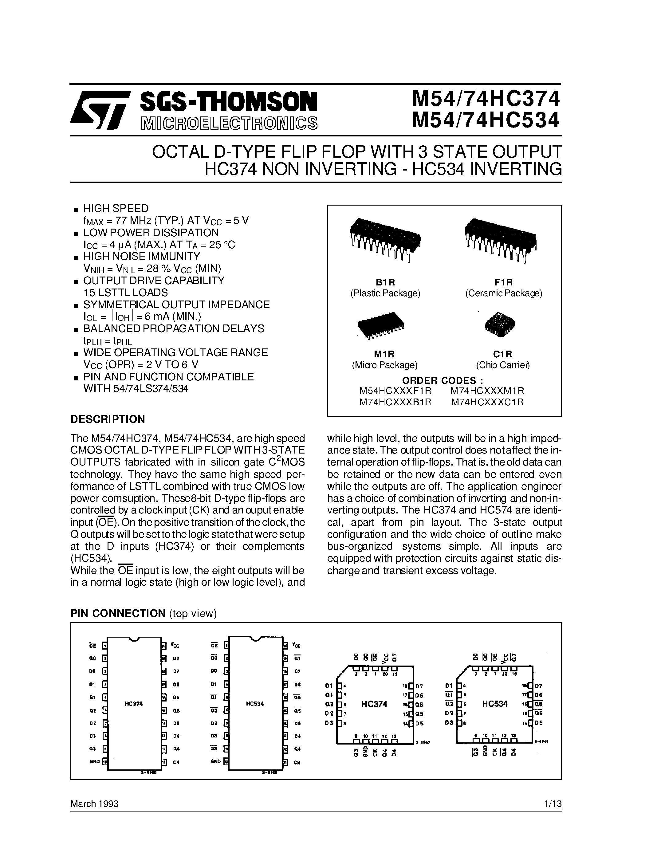 Даташит M74HC374 - OCTAL D-TYPE FLIP FLOP WITH 3 STATE OUTPUT HC374 NON INVERTING - HC534 INVERTING страница 1