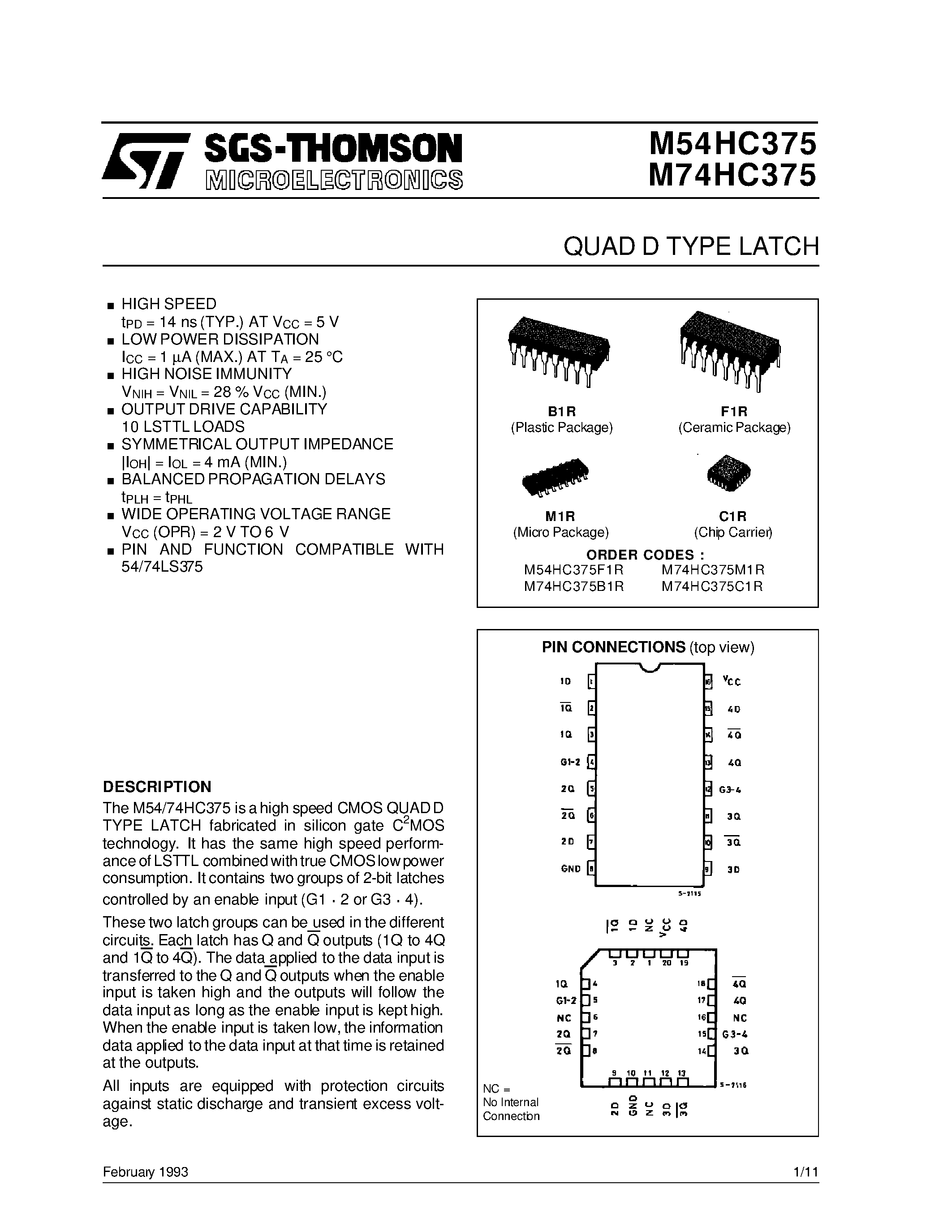 Даташит M74HC375 - QUAD D TYPE LATCH страница 1