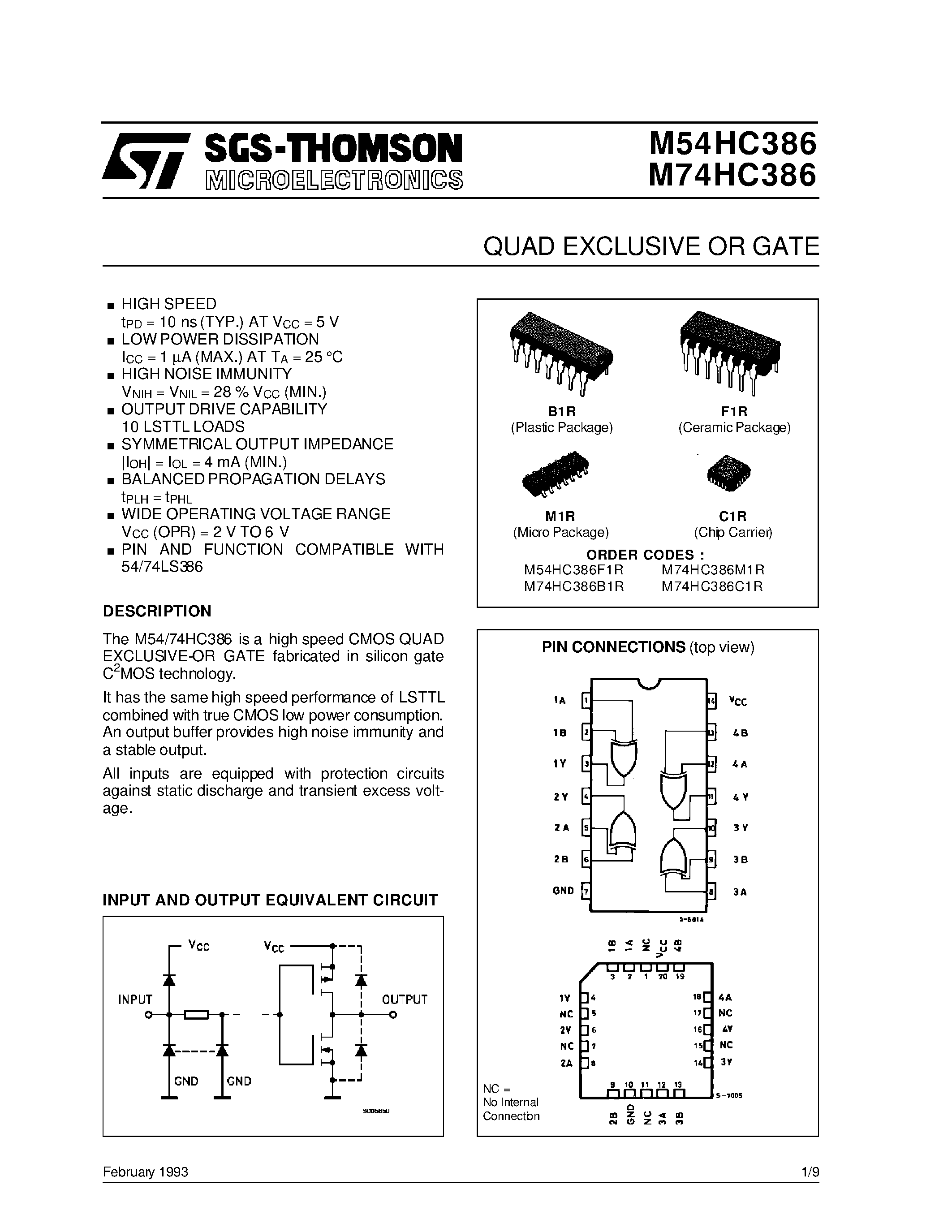 Даташит M74HC386 - QUAD EXCLUSIVE OR GATE страница 1