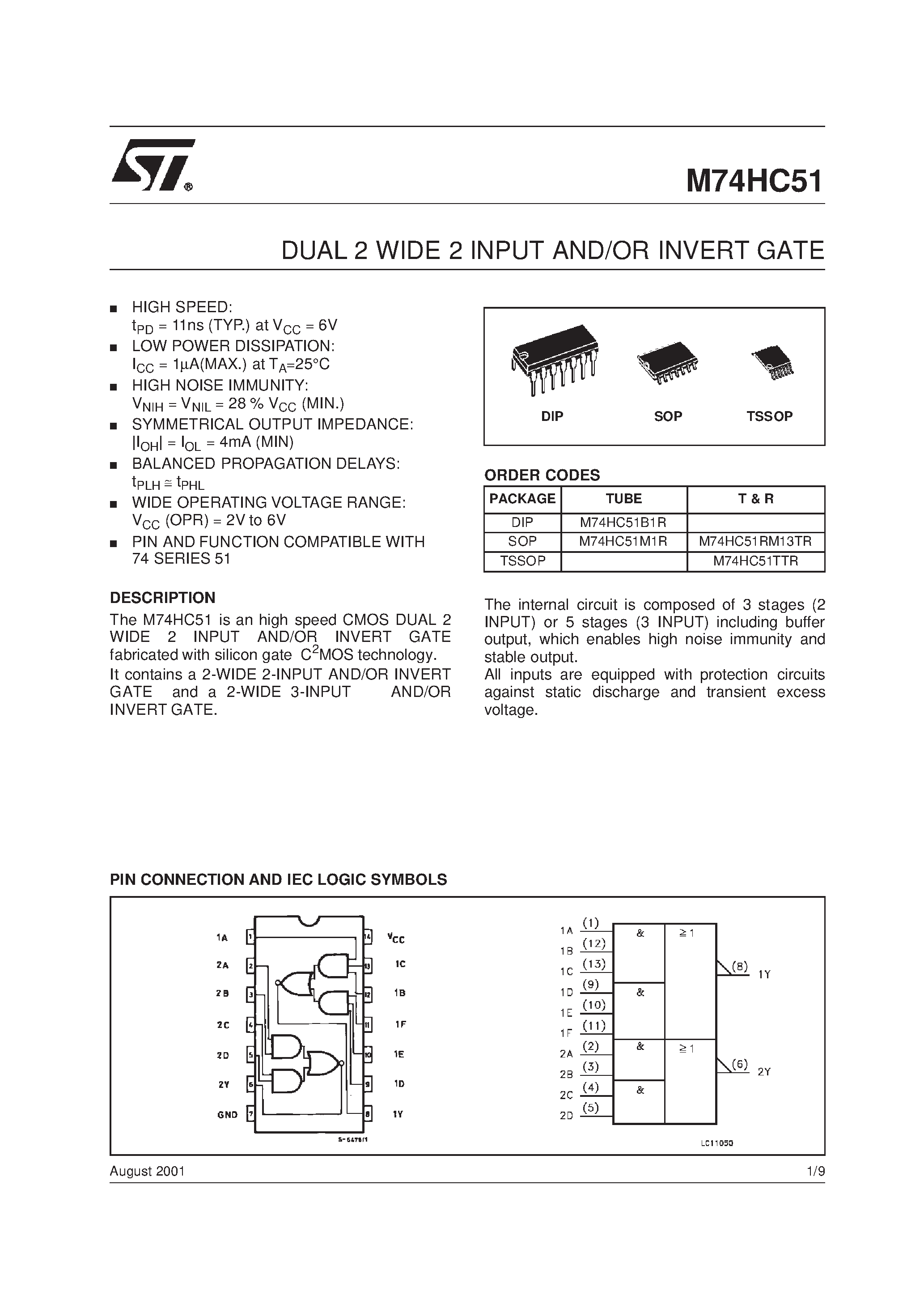 Даташит M74HC51 - DUAL 2 WIDE 2 INPUT AND/OR INVERT GATE страница 1