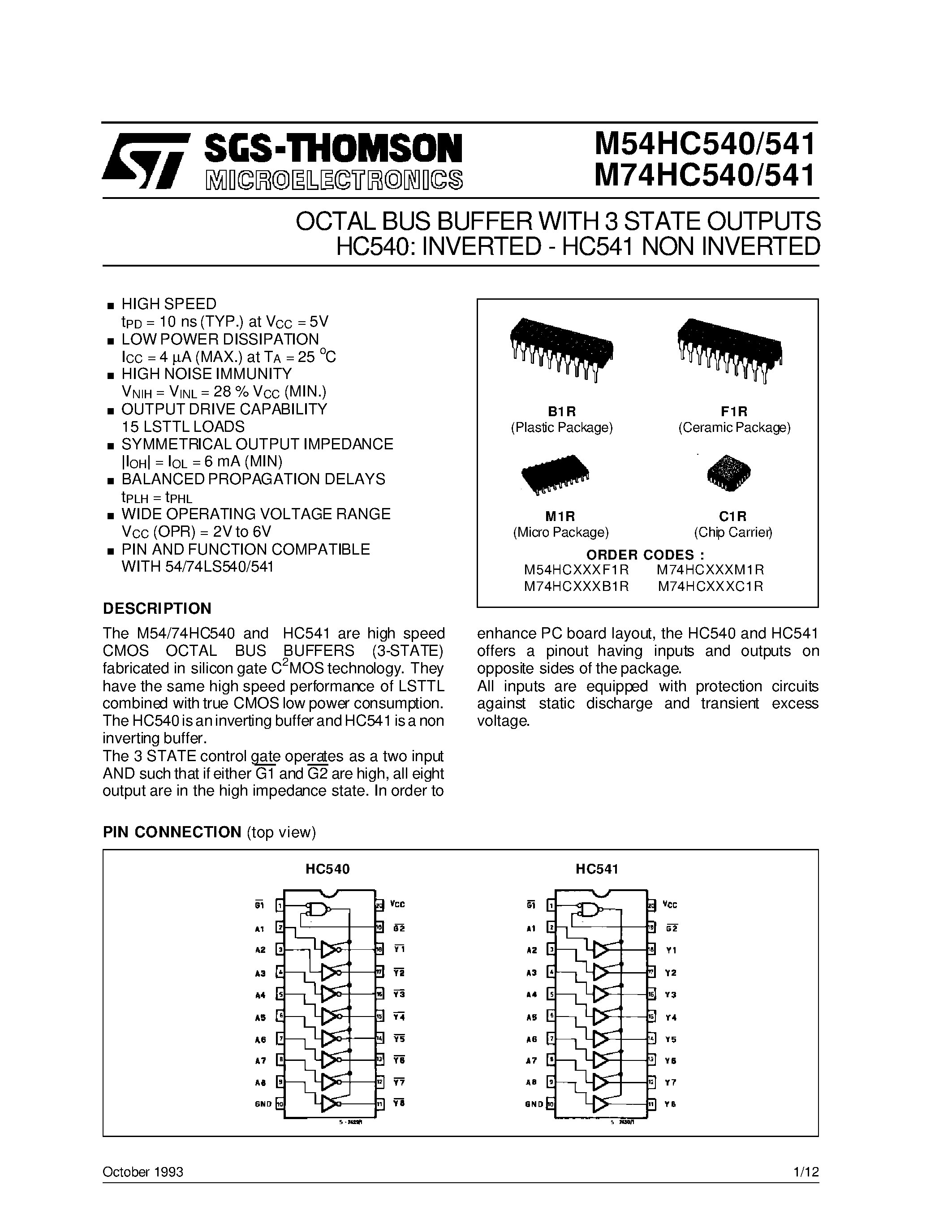 Даташит M74HC540 - OCTAL BUS BUFFER WITH 3 STATE OUTPUTS HC540: INVERTED - HC541 NON INVERTED страница 1