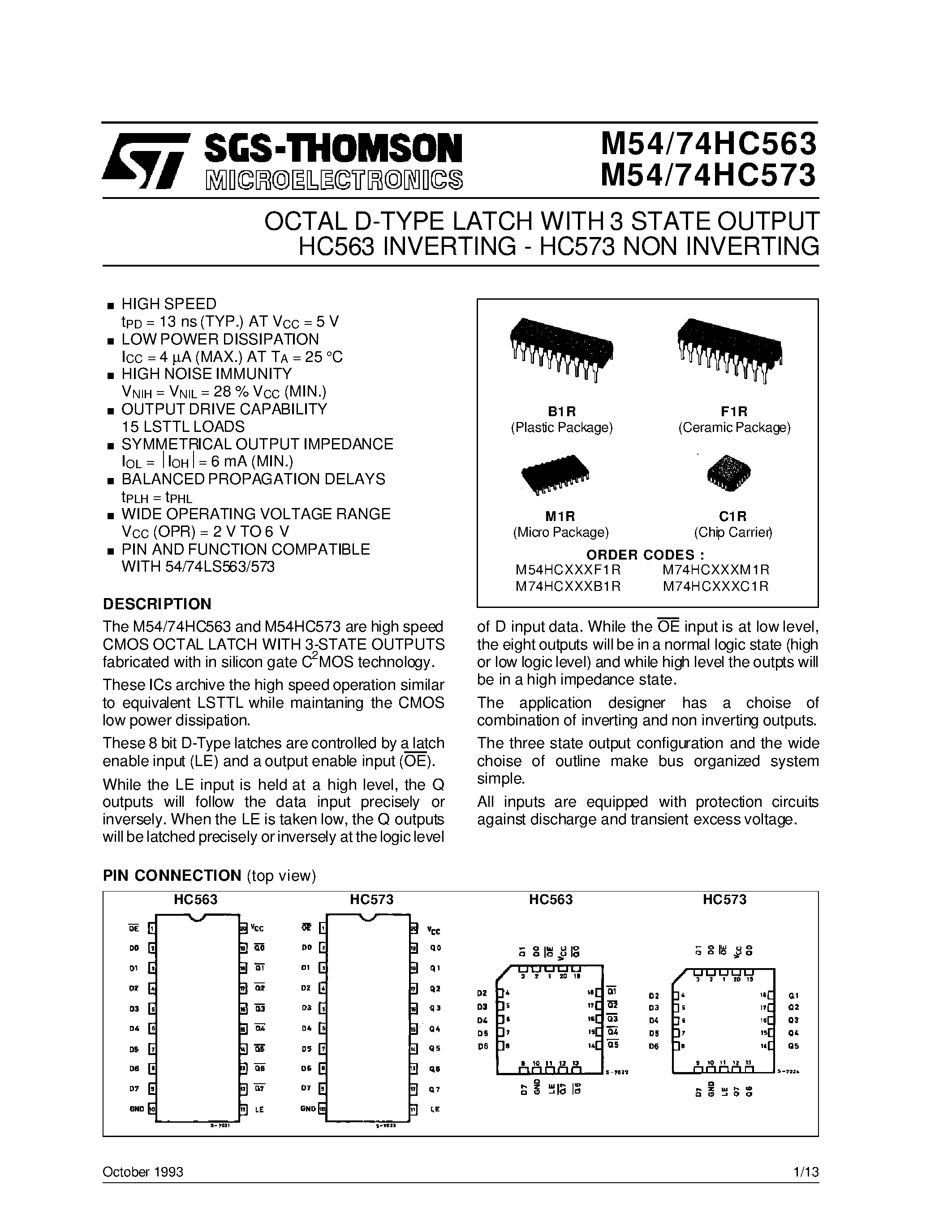 Даташит M74HC563 - OCTAL D-TYPE LATCH WITH 3 STATE OUTPUT HC563 INVERTING - HC573 NON INVERTING страница 1