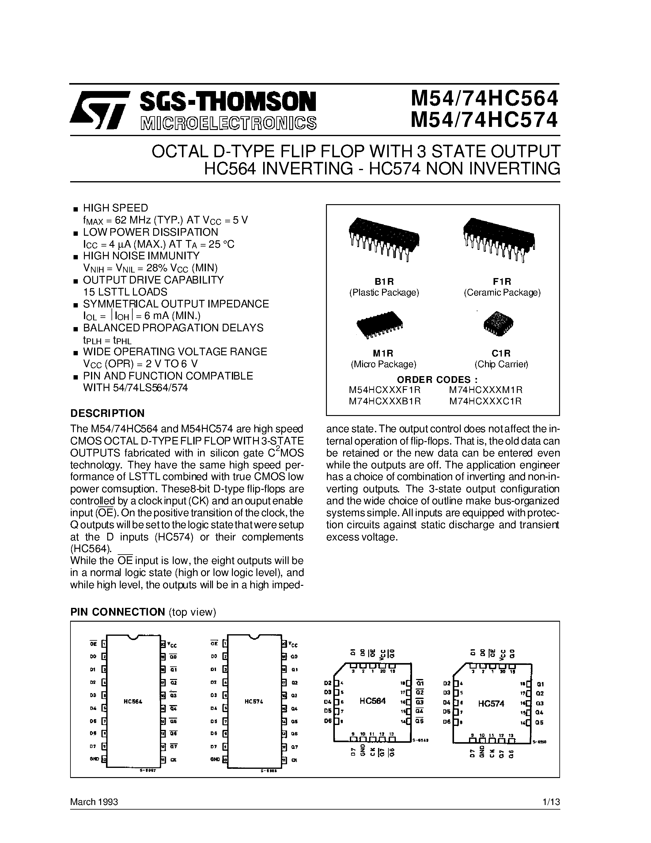 Даташит M74HC564 - OCTAL D-TYPE FLIP FLOP WITH 3 STATE OUTPUT HC564 INVERTING - HC574 NON INVERTING страница 1