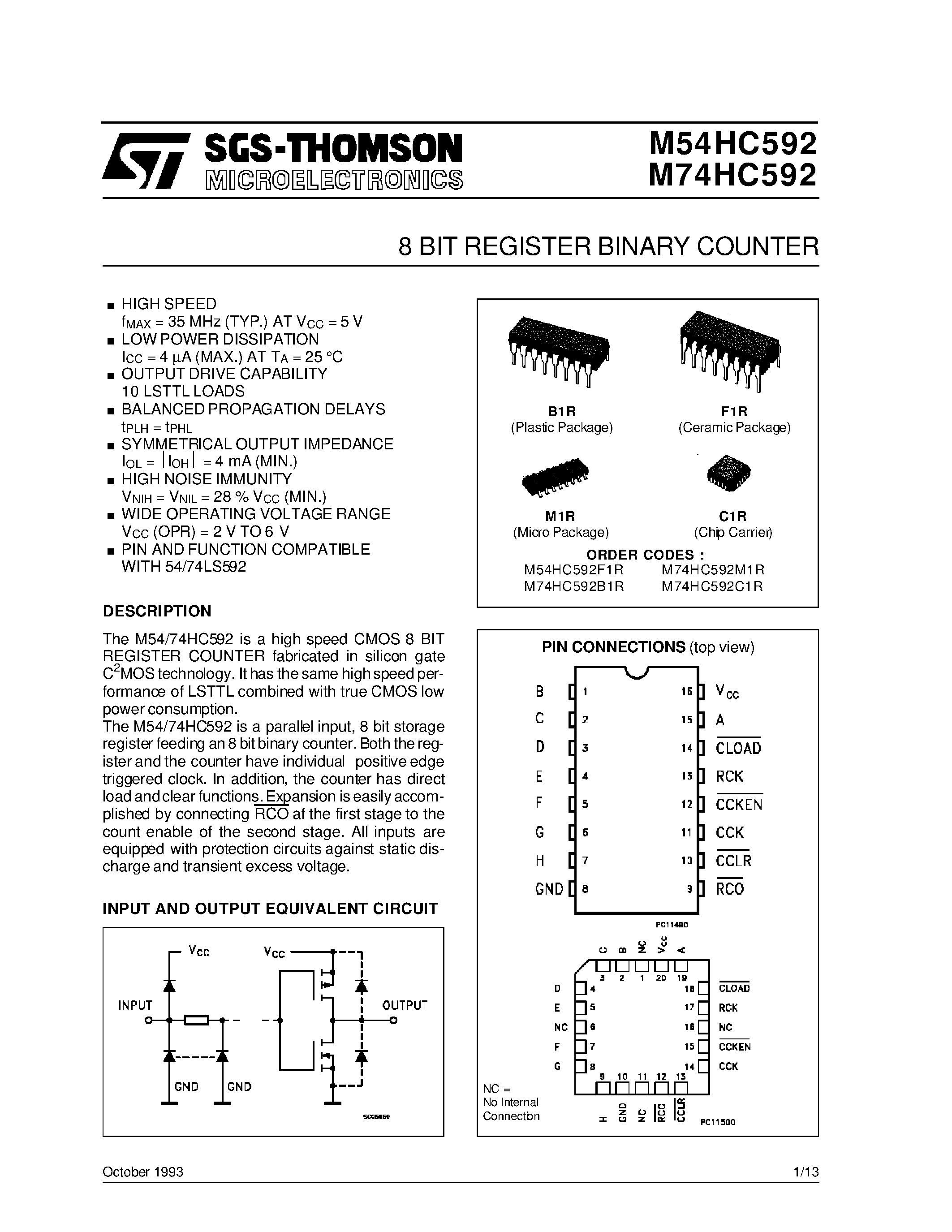 Даташит M74HC592 - 8 BIT REGISTER BINARY COUNTER страница 1