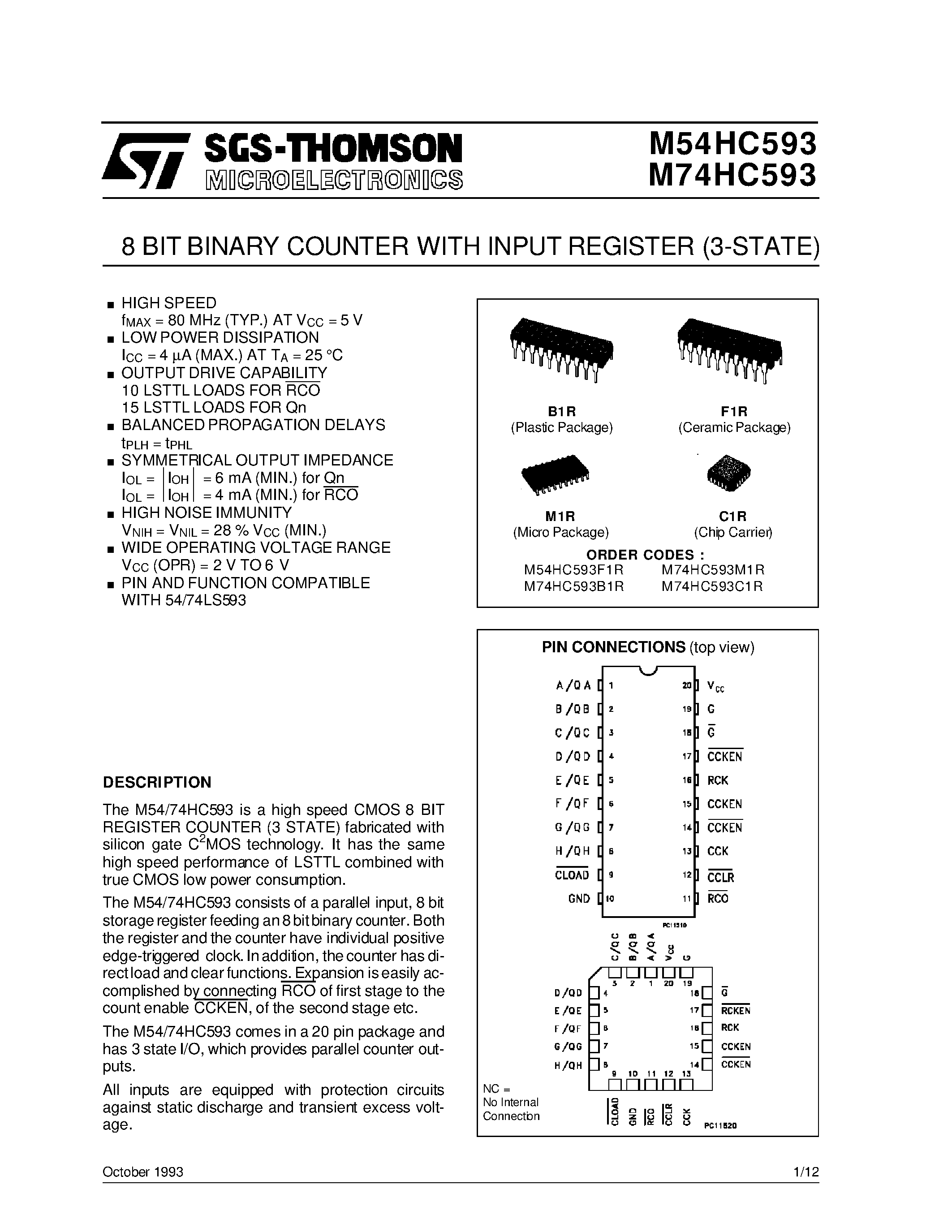 Даташит M74HC593 - 8 BIT BINARY COUNTER WITH INPUT REGISTER 3-STATE страница 1