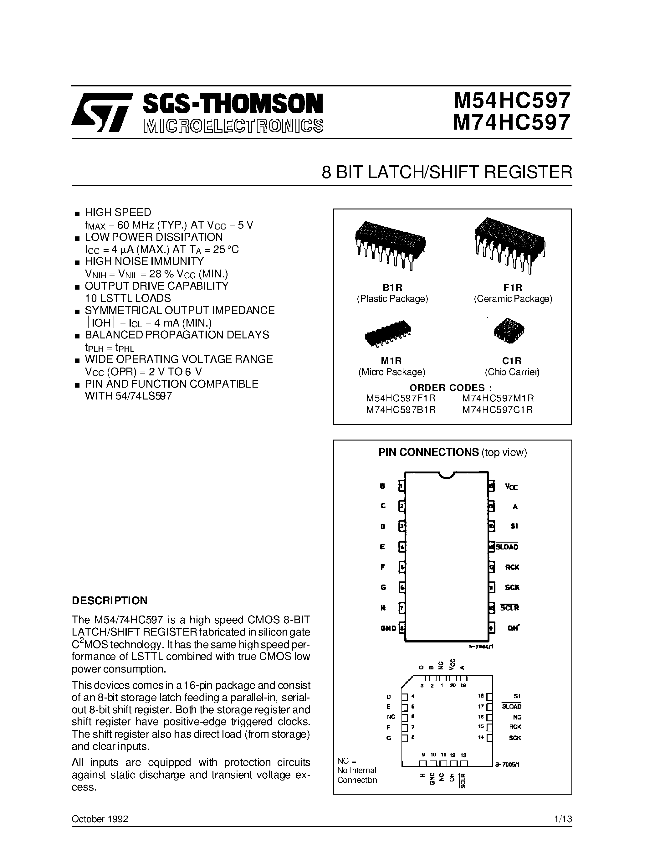 Даташит M74HC597 - 8 BIT LATCH/SHIFT REGISTER страница 1