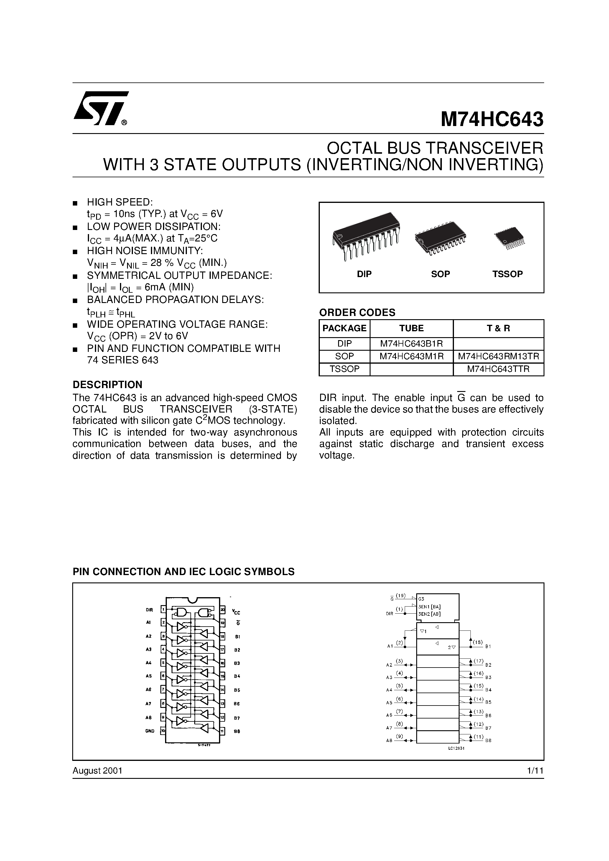 Даташит M74HC643 - OCTAL BUS TRANSCEIVER WITH 3 STATE OUTPUTS INVERTING/NON INVERTING страница 1