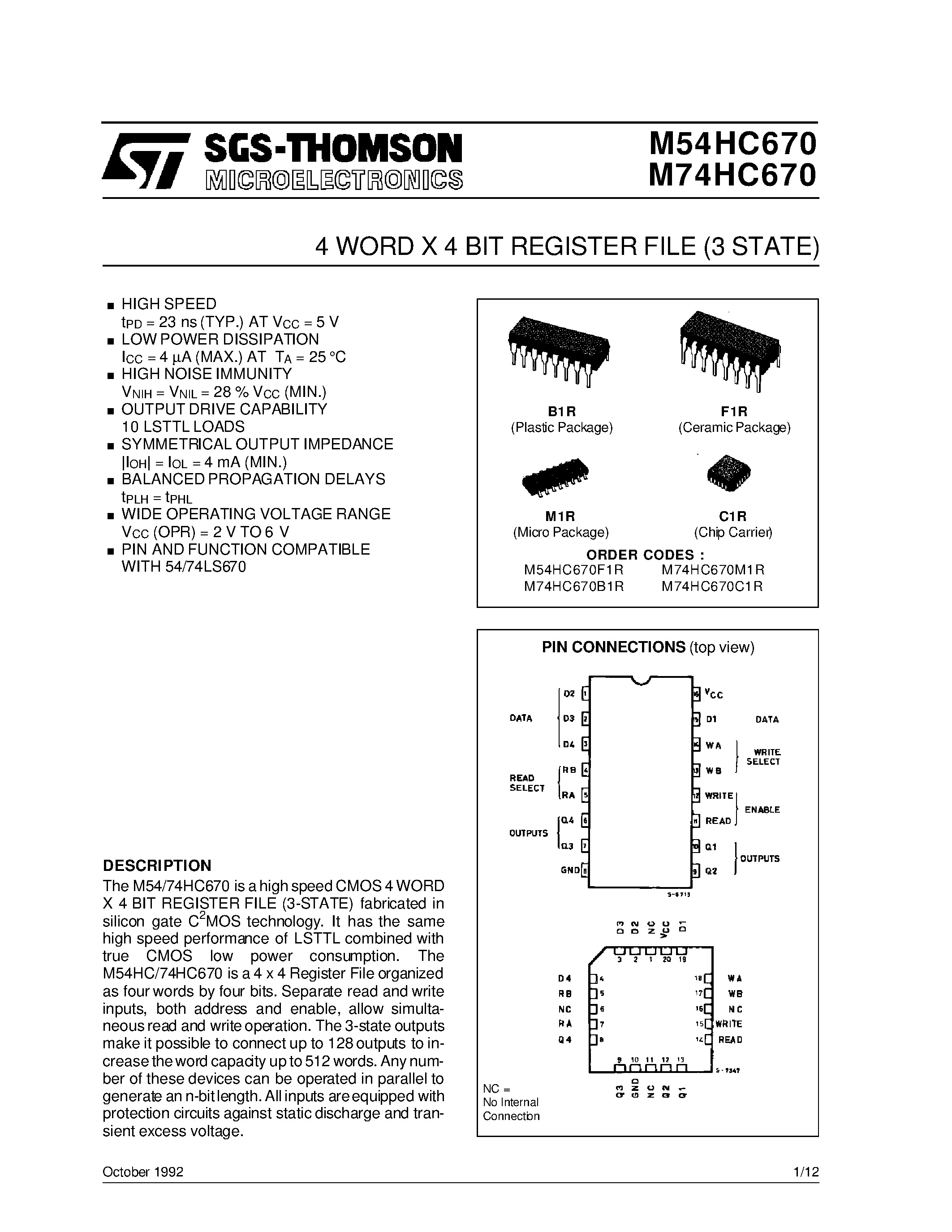 Даташит M74HC670 - 4 WORD X 4 BIT REGISTER FILE 3 STATE страница 1