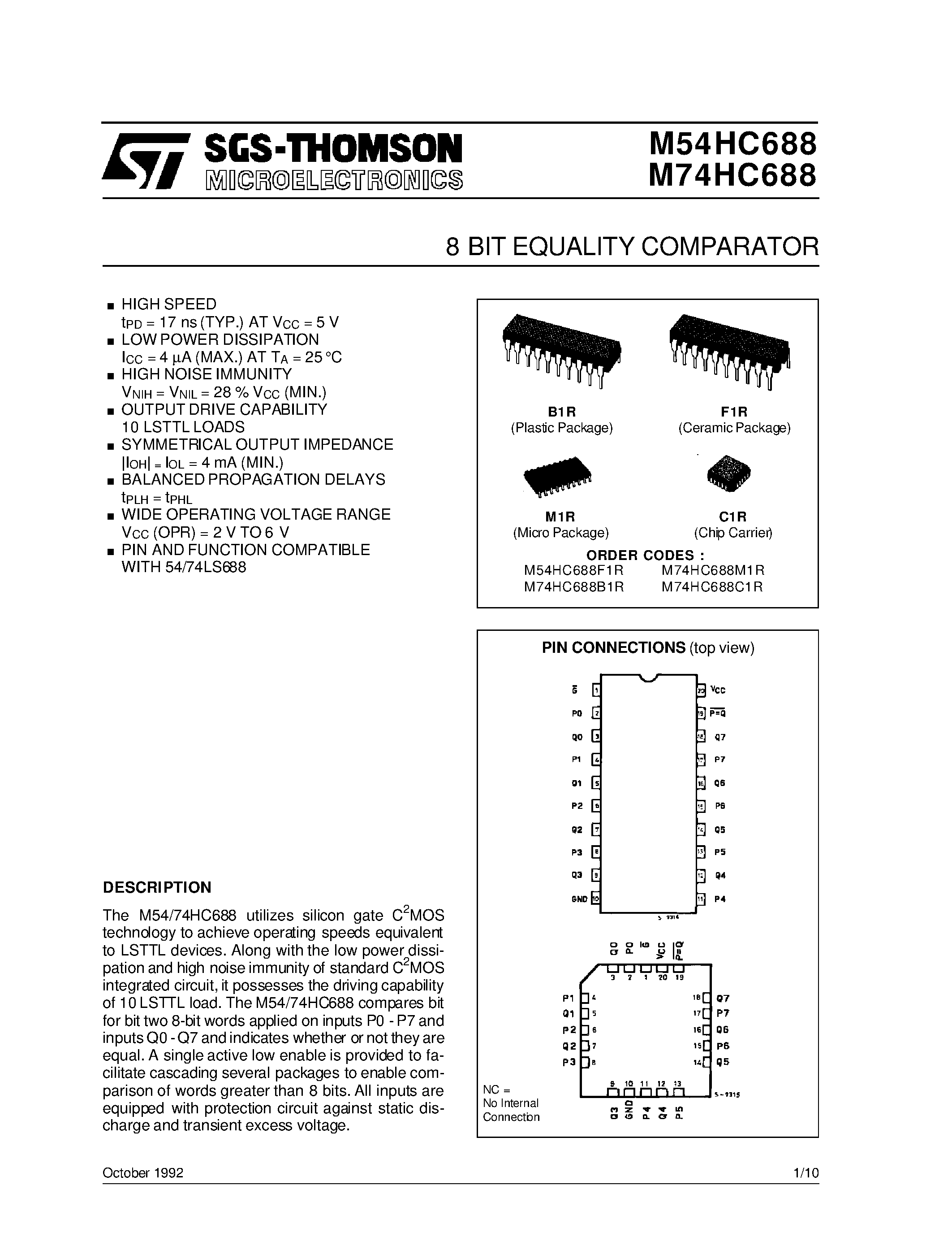 Даташит M74HC688 - 8 BIT EQUALITY COMPARATOR страница 1