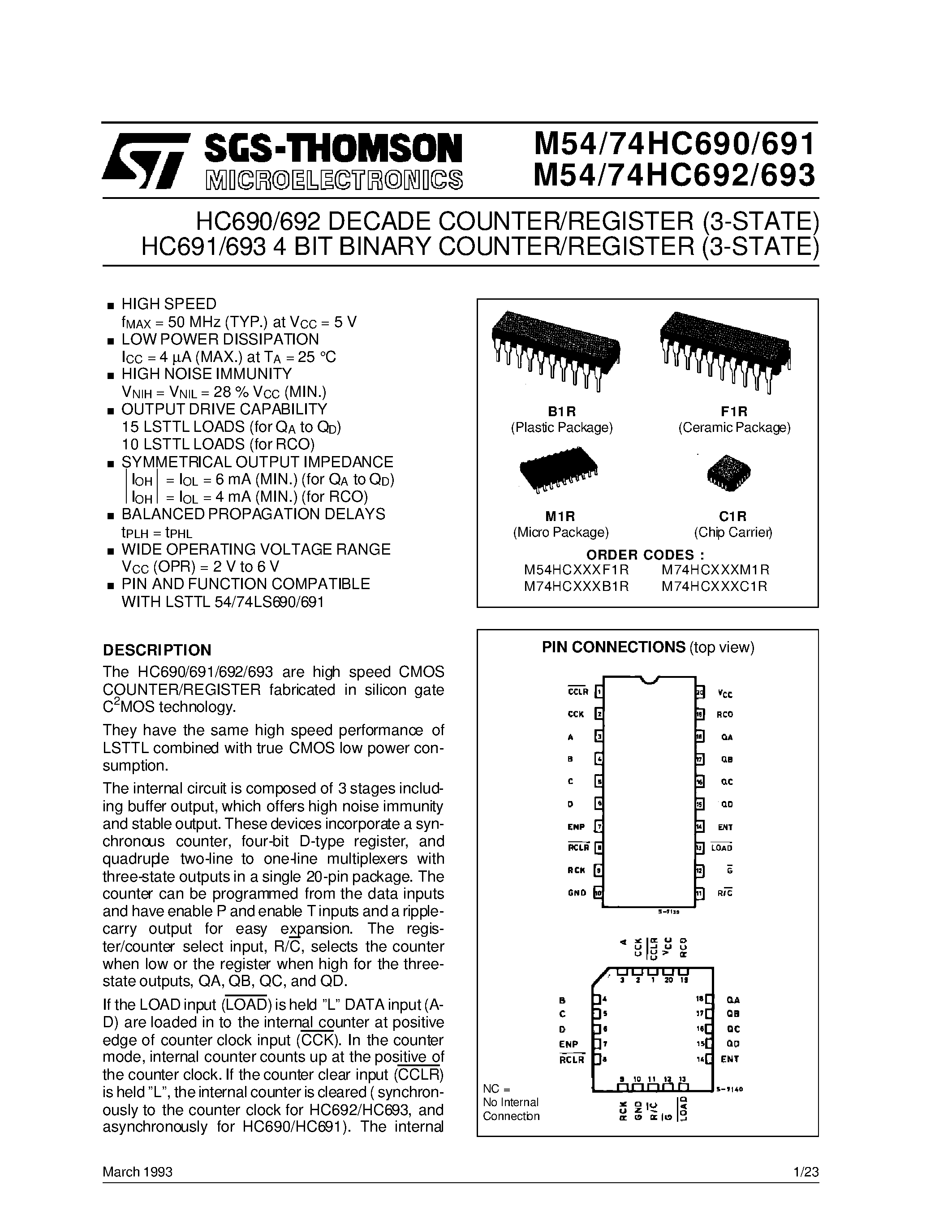 Даташит M74HC690 - HC691/693 4 BIT BINARY COUNTER/REGISTER 3-STATE HC690/692 DECADE COUNTER/REGISTER 3-STATE страница 1