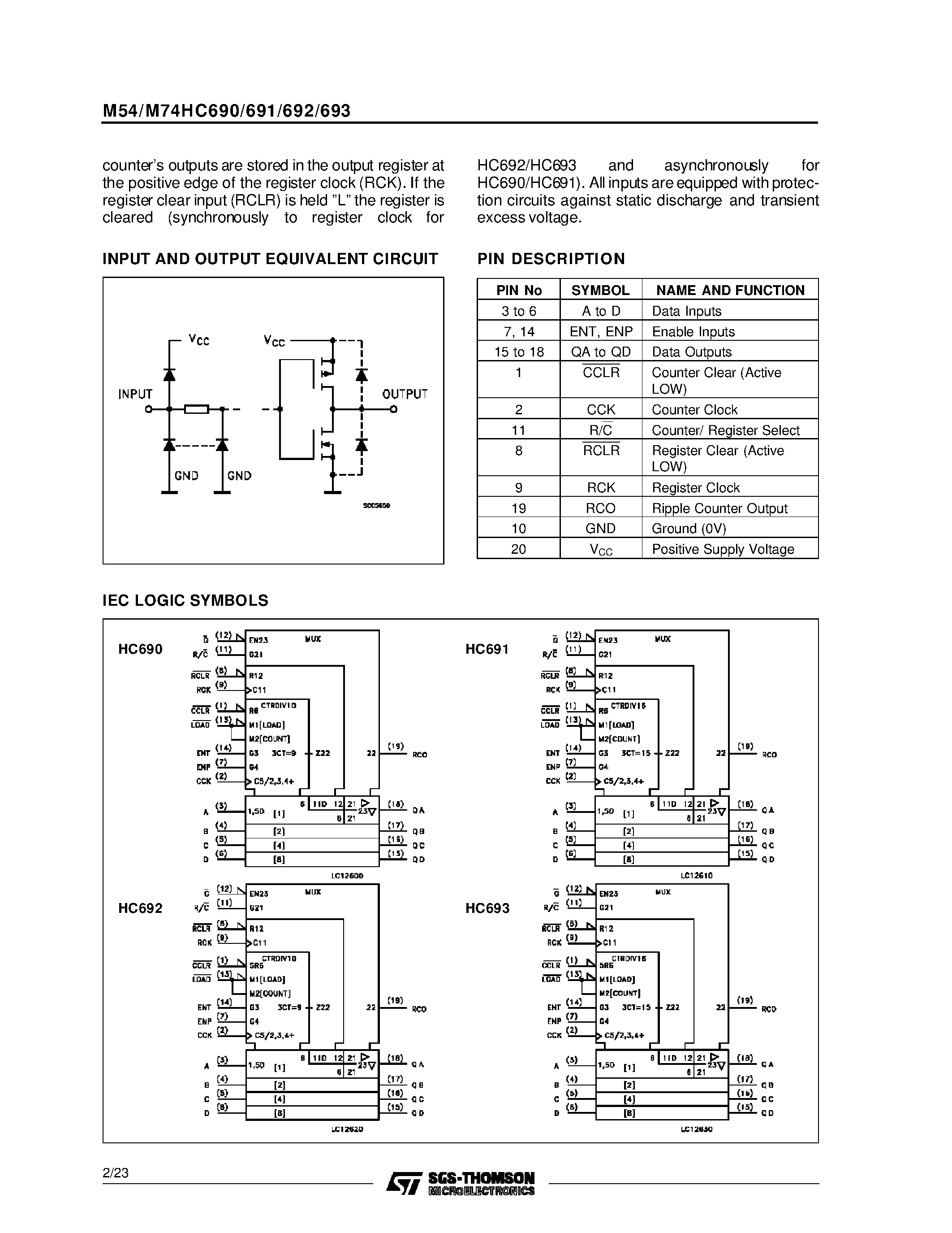 Даташит M74HC690 - HC691/693 4 BIT BINARY COUNTER/REGISTER 3-STATE HC690/692 DECADE COUNTER/REGISTER 3-STATE страница 2