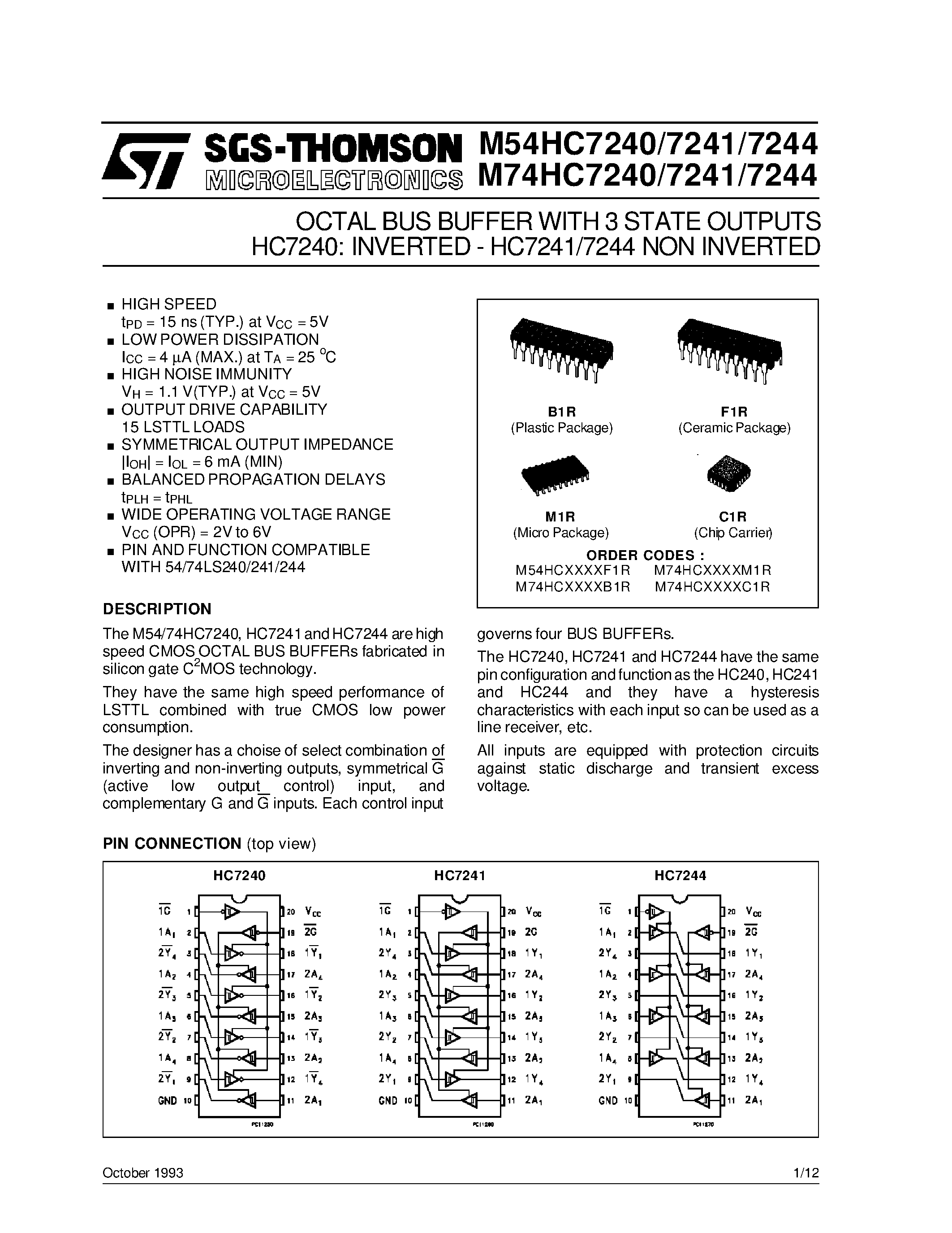 Даташит M74HC7240 - OCTAL BUS BUFFER WITH 3 STATE OUTPUTS HC7240: INVERTED - HC7241/7244 NON INVERTED страница 1