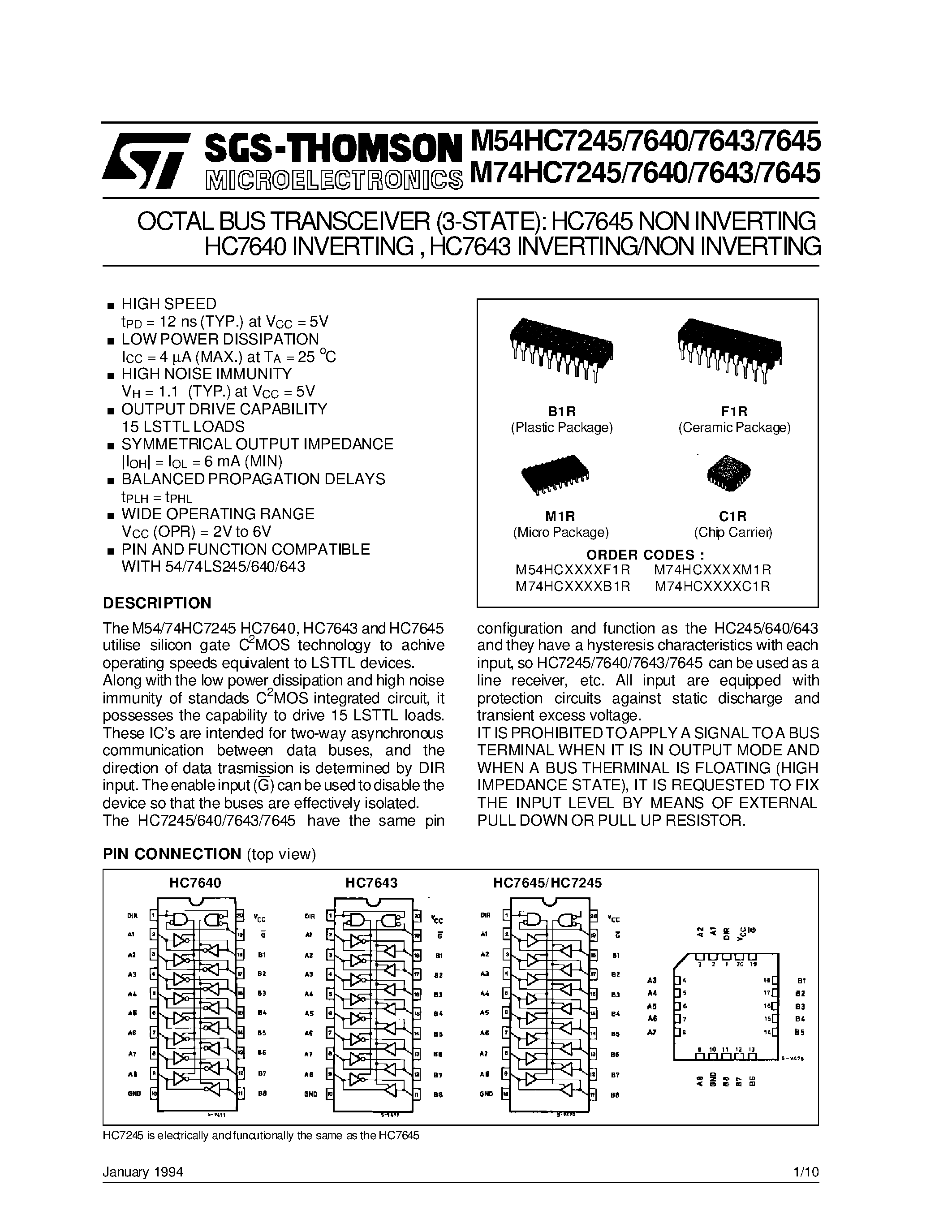 Даташит M74HC7245 - OCTAL BUS TRANSCEIVER (3-STATE):HC7645 NONINVERTING HC7640 INVERTING /HC7643 INVERTING/NONINVERTING страница 1