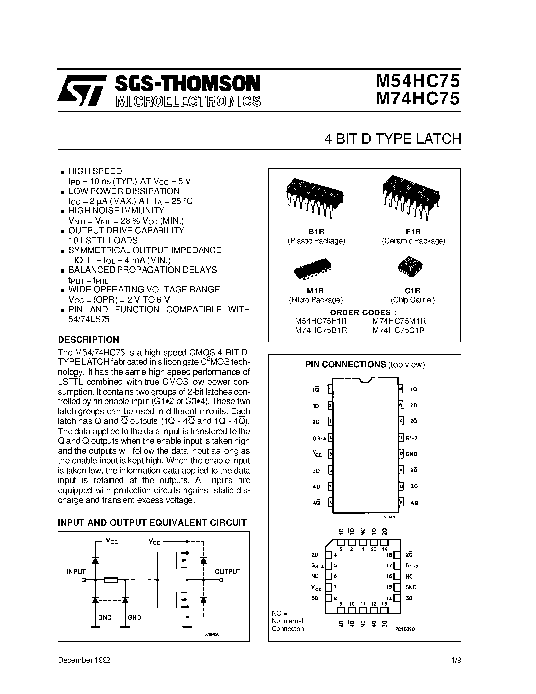 Даташит M74HC75 - 4 BIT D TYPE LATCH страница 1