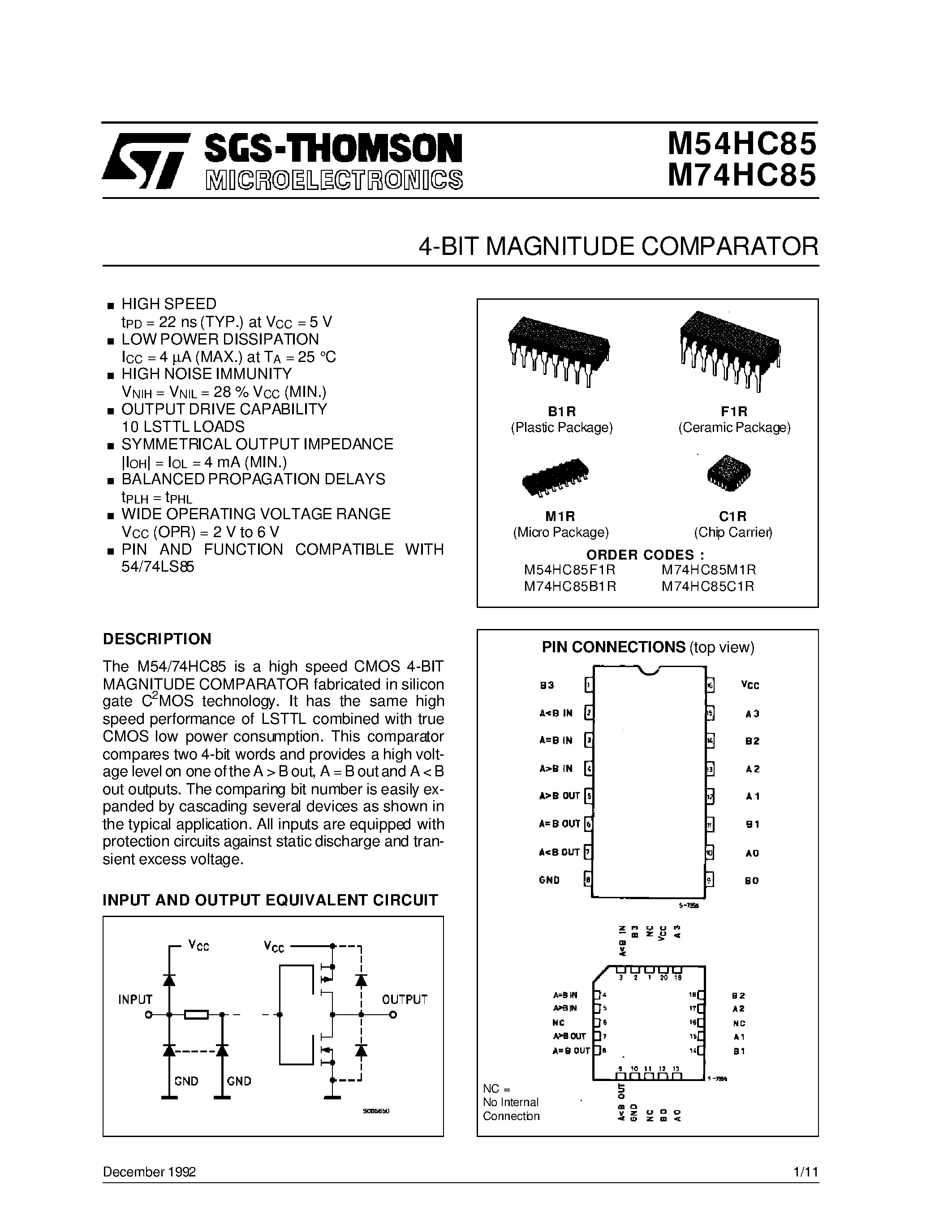 Даташит M74HC85 - 4-BIT MAGNITUDE COMPARATOR страница 1