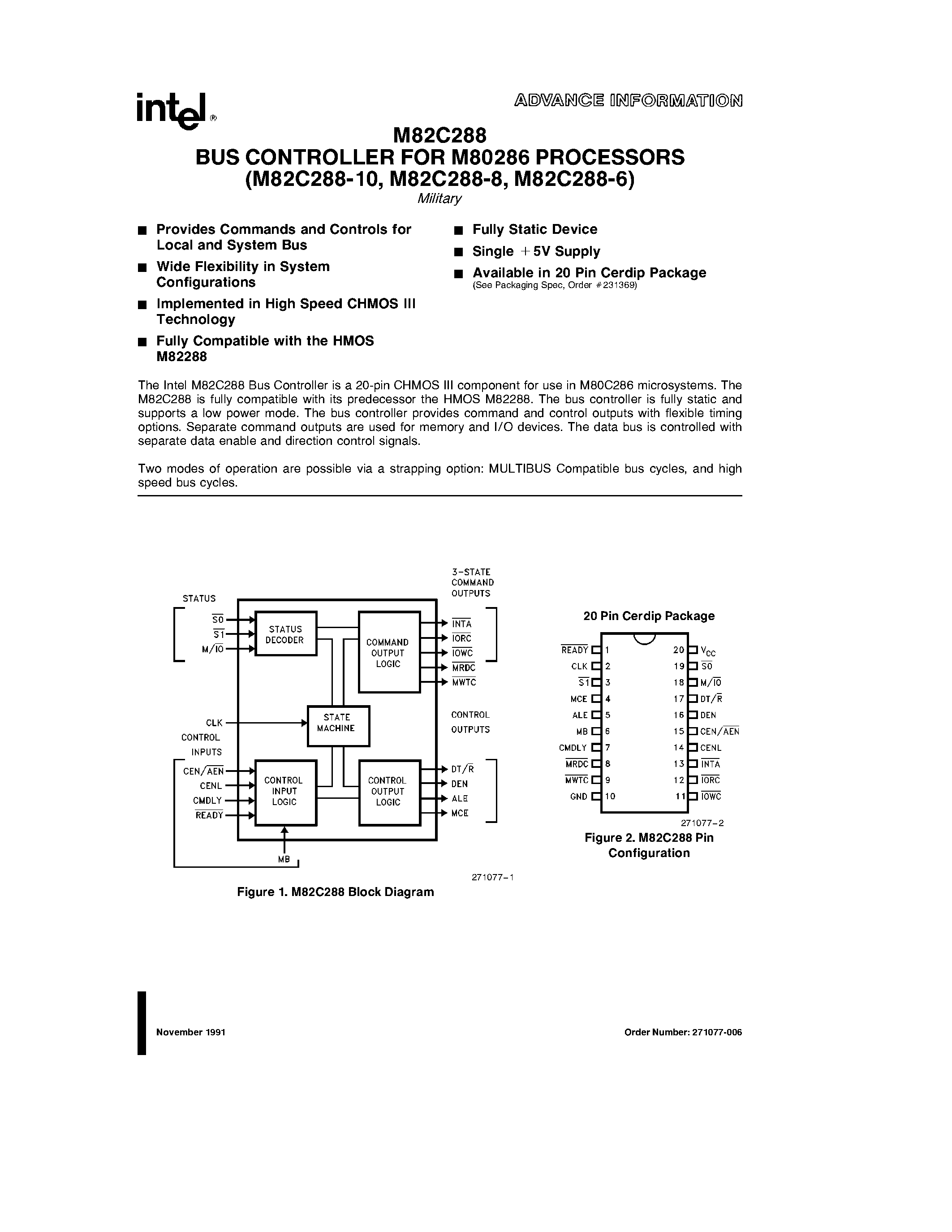 Datasheet M82C288-8 - BUS CONTROLLER FOR M80286 PROCESSORS page 1