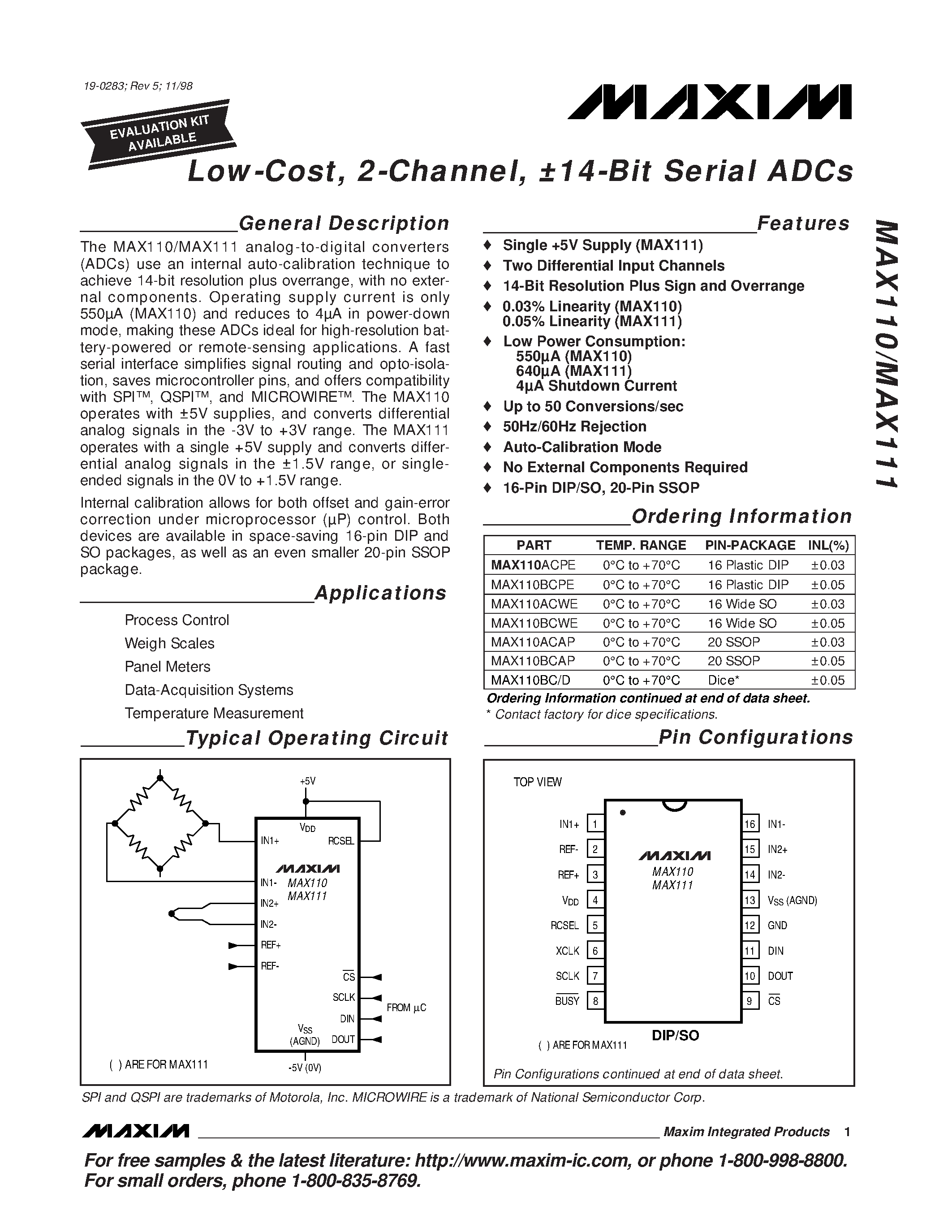 Datasheet MAX111BC/D - Low-Cost / 2-Channel / 14-Bit Serial ADCs page 1