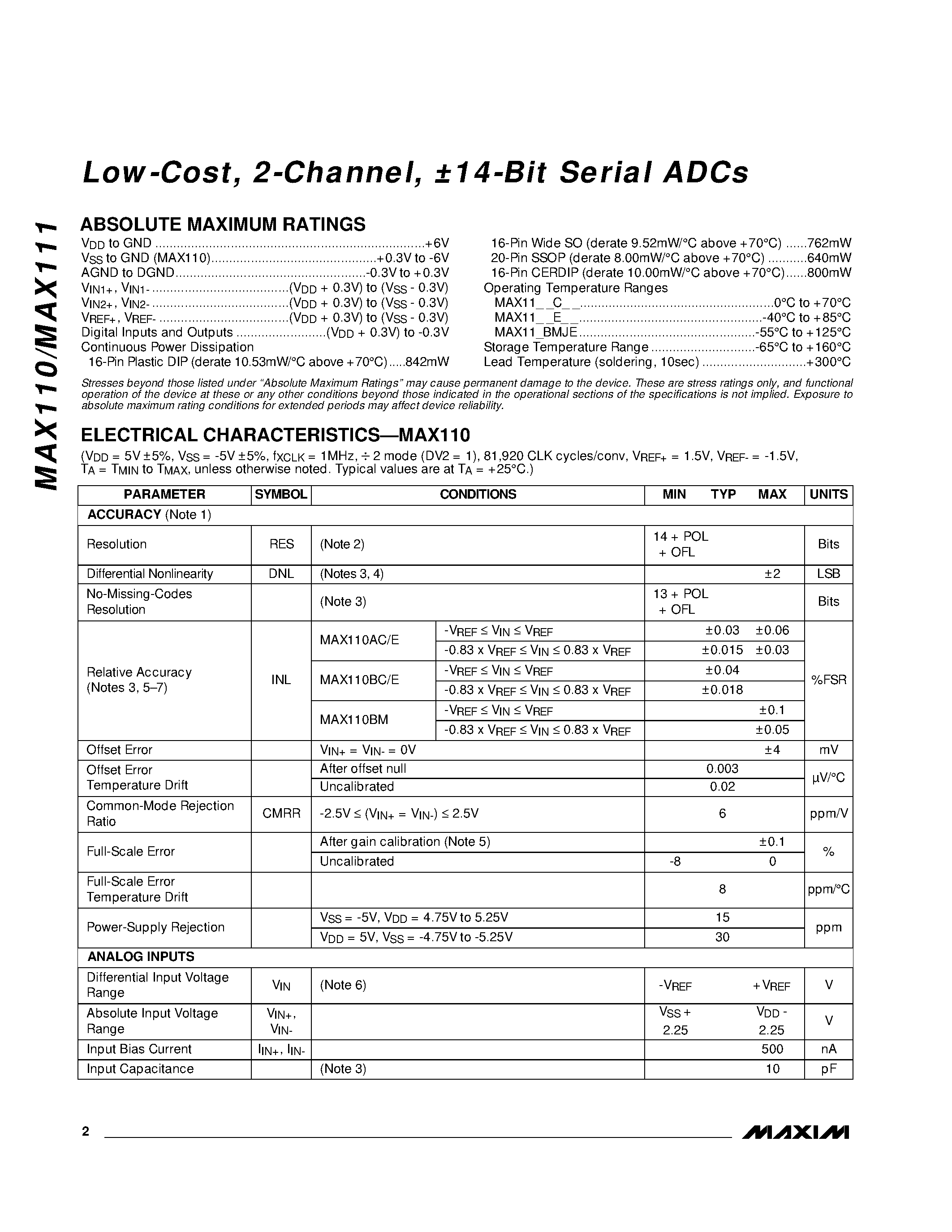 Datasheet MAX111BC/D - Low-Cost / 2-Channel / 14-Bit Serial ADCs page 2