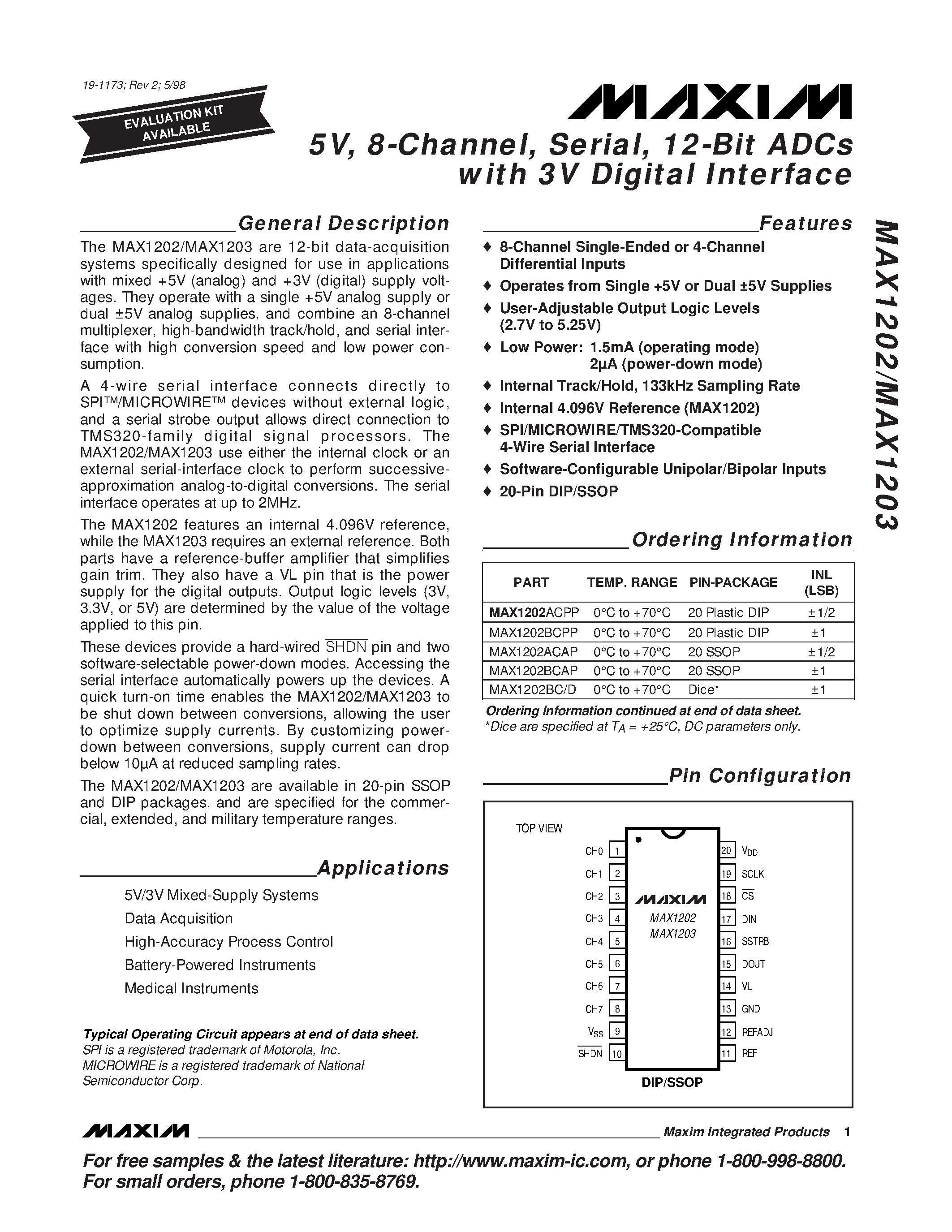 Datasheet MAX1202BC/D - 5v / 8-cHANNEL / sERIAL / 12-bIT adcS WITH 3v dIGITAL iNTERFACE page 1