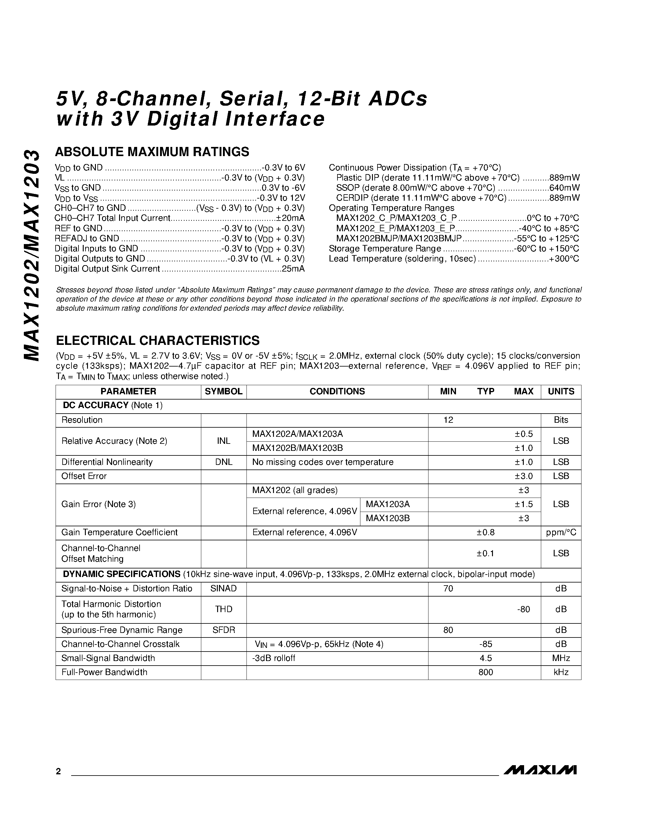 Datasheet MAX1202BC/D - 5v / 8-cHANNEL / sERIAL / 12-bIT adcS WITH 3v dIGITAL iNTERFACE page 2