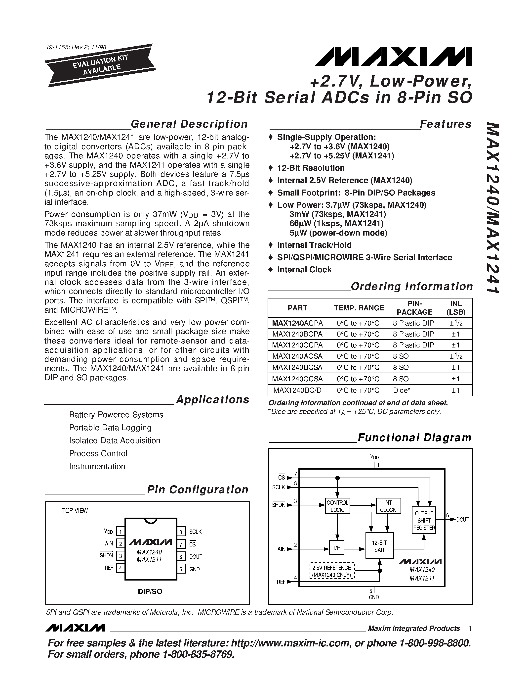 Datasheet MAX1240BC/D - +2.7V / Low-Power / 12-Bit Serial ADCs in 8-Pin SO page 1