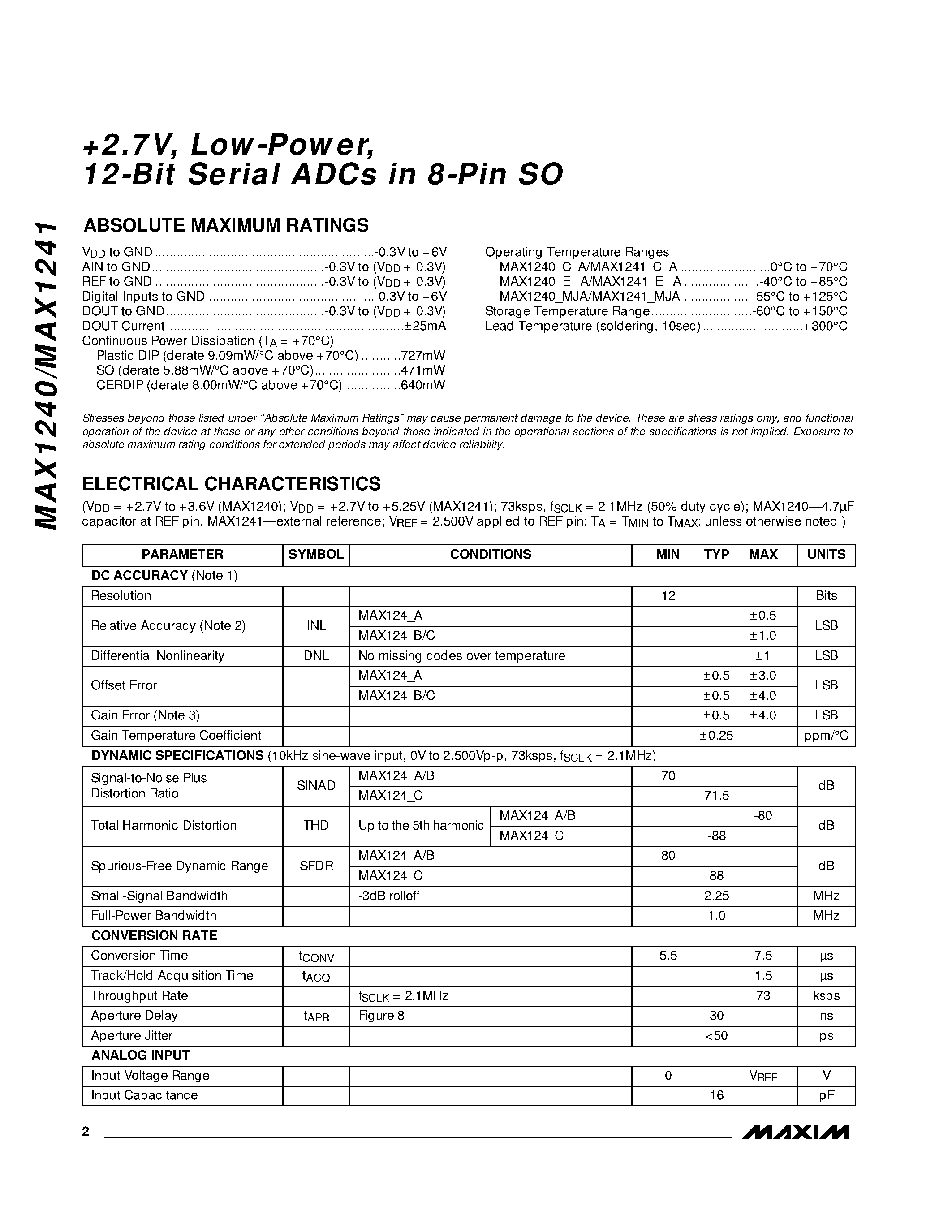 Datasheet MAX1240BC/D - +2.7V / Low-Power / 12-Bit Serial ADCs in 8-Pin SO page 2