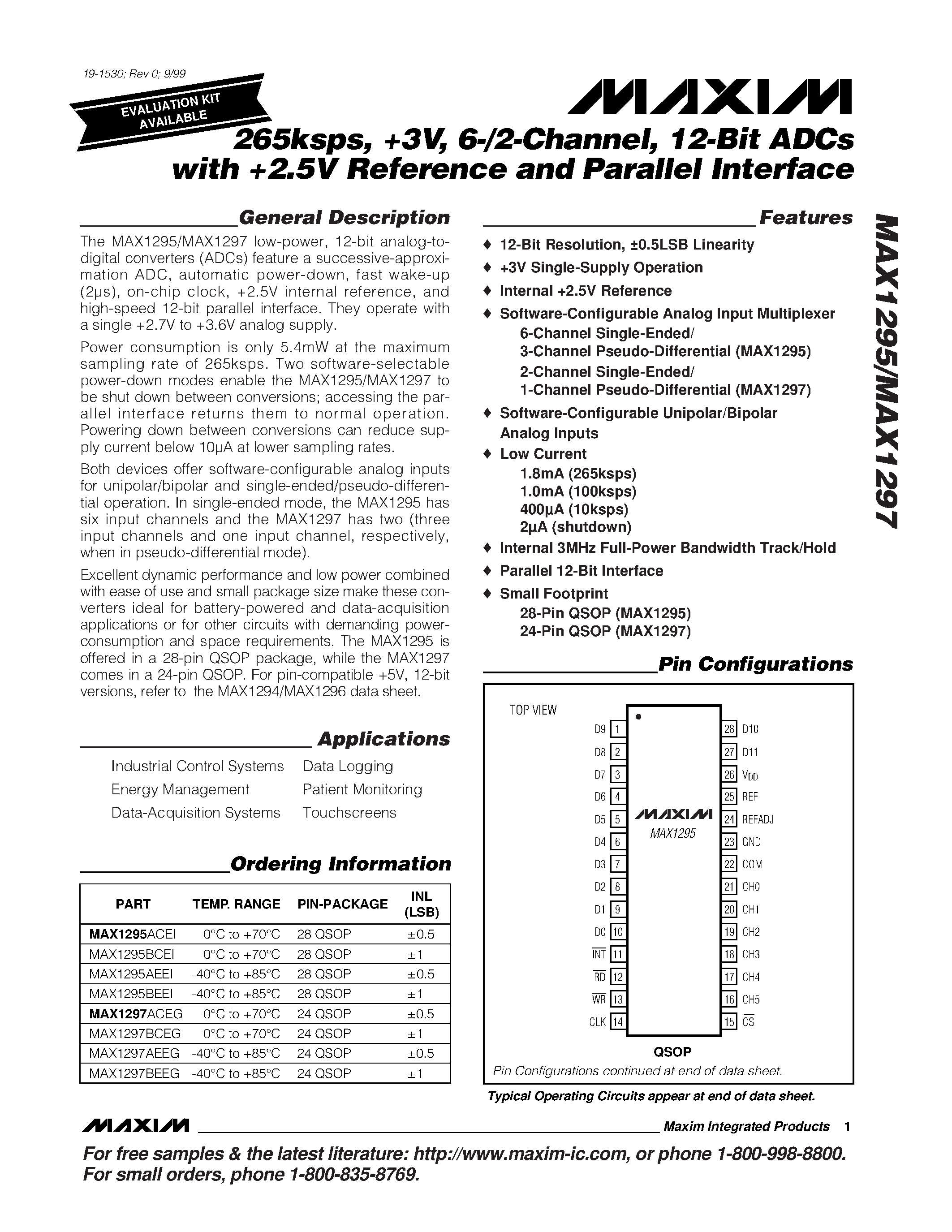 Даташит MAX1297AEEG - 265ksps / +3V / 6-/2-Channel / 12-Bit ADCs with +2.5V Reference and Parallel Interface страница 1