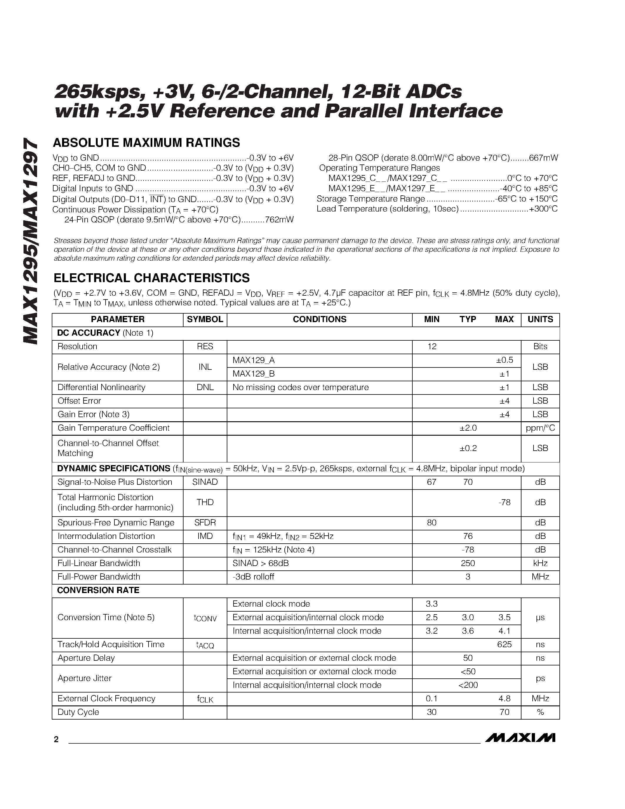 Даташит MAX1297AEEG - 265ksps / +3V / 6-/2-Channel / 12-Bit ADCs with +2.5V Reference and Parallel Interface страница 2